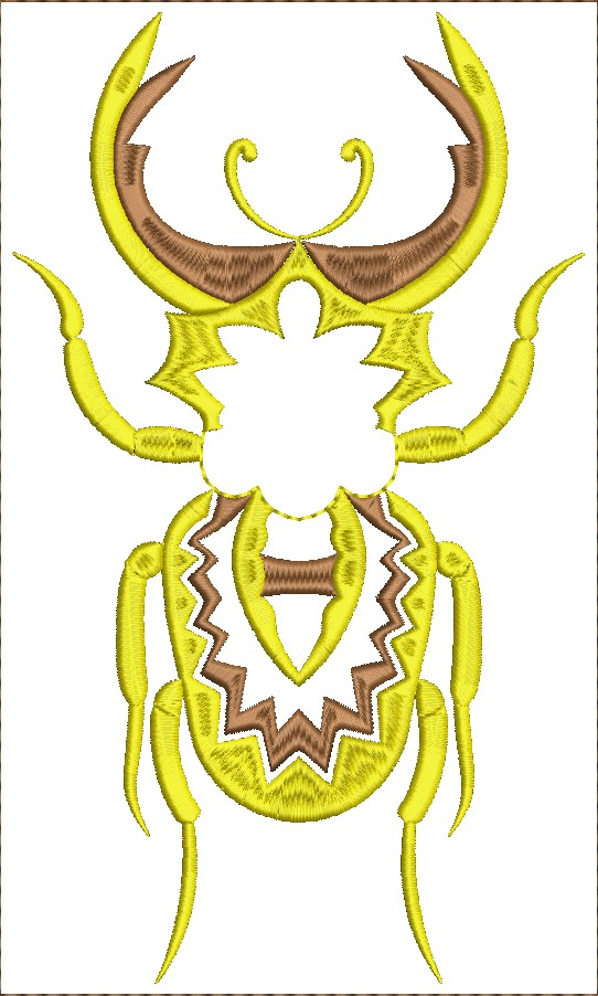 Embroidery design: A stylized yellow and brown beetle embroidery design with geometric and ornamental elements, presented symmetrically as 