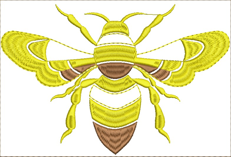 Embroidery design: A stylized embroidery design of a bee with yellow and brown segments.