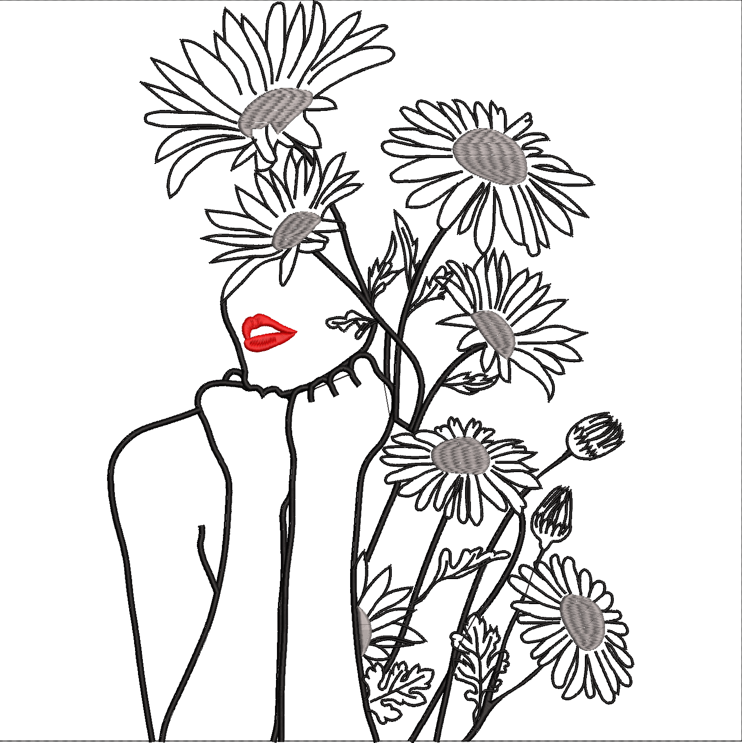 Embroidery design: A minimalist line art embroidery design featuring a woman's profile with red lips, surrounded by daisies with gray cente