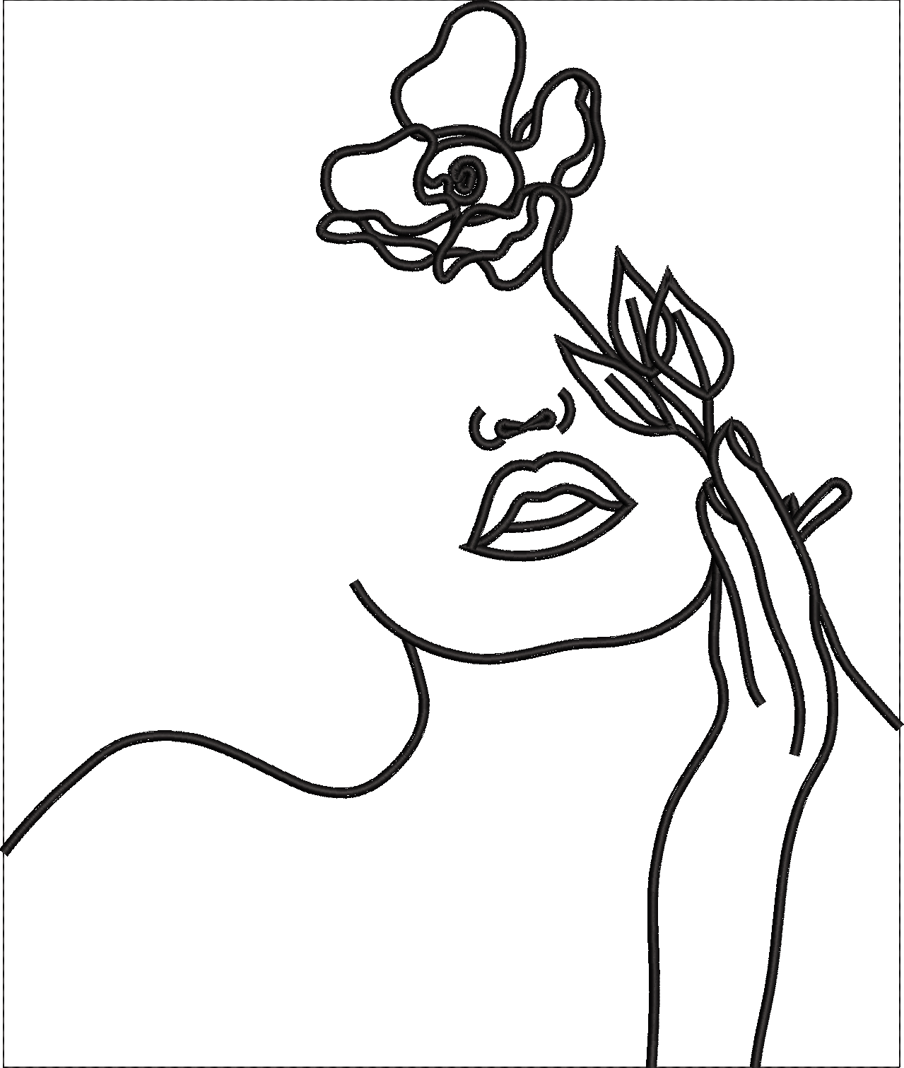 Embroidery design: An abstract, single-line embroidery design depicting a woman's face with a flower and leaves, rendered in black on a whi
