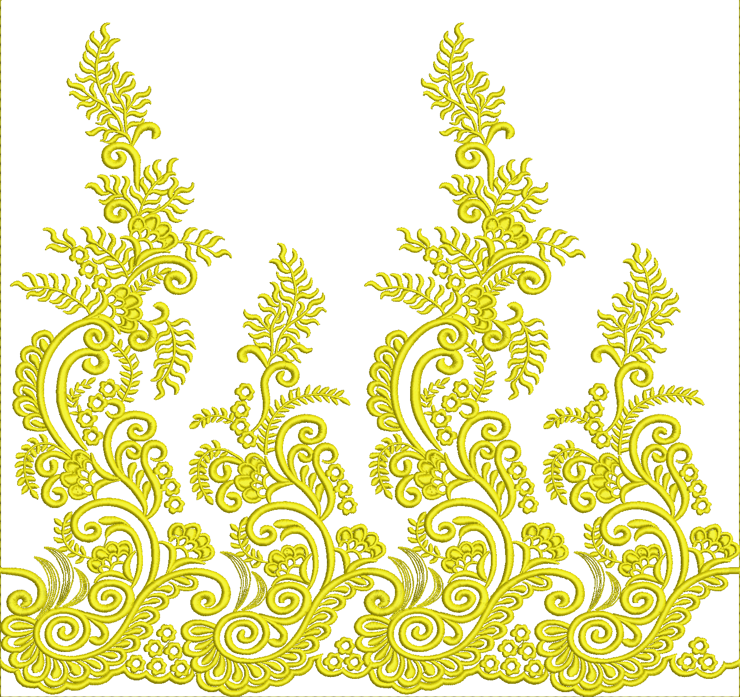 Embroidery design: An ornamental yellow embroidery border design featuring intricate floral motifs, scrolling vines, and delicate leaves, w