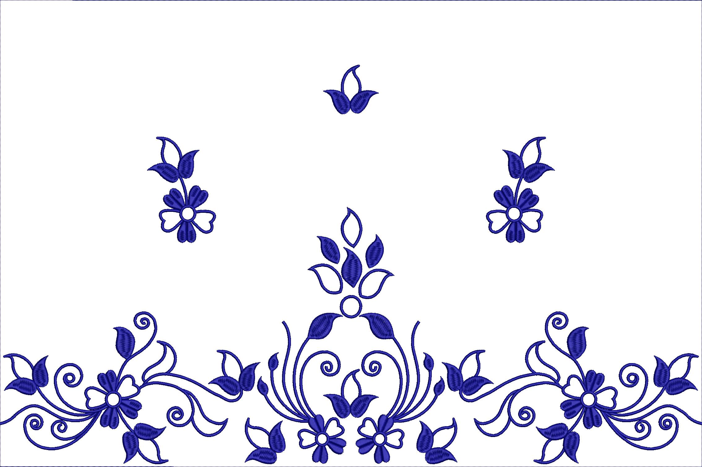 Embroidery design: A blue and white symmetrical floral border with repeating flower and vine motifs.