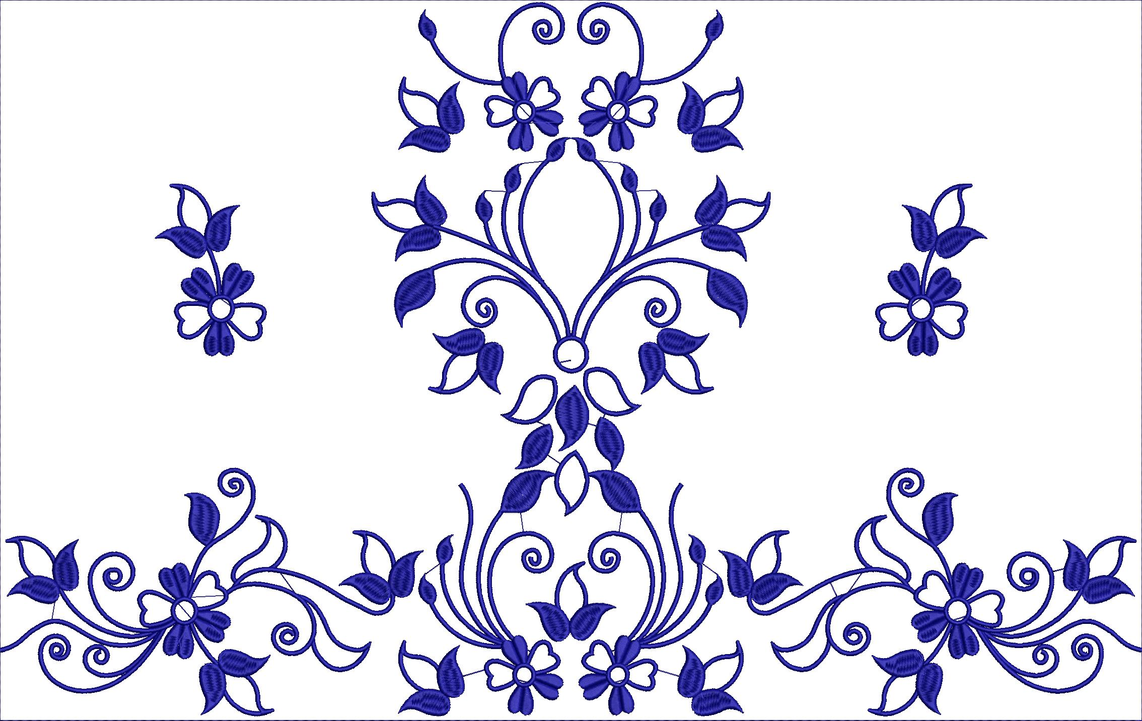 Embroidery design: A blue embroidery design featuring a symmetrical floral and vine border with intricate scrollwork and leaf motifs.