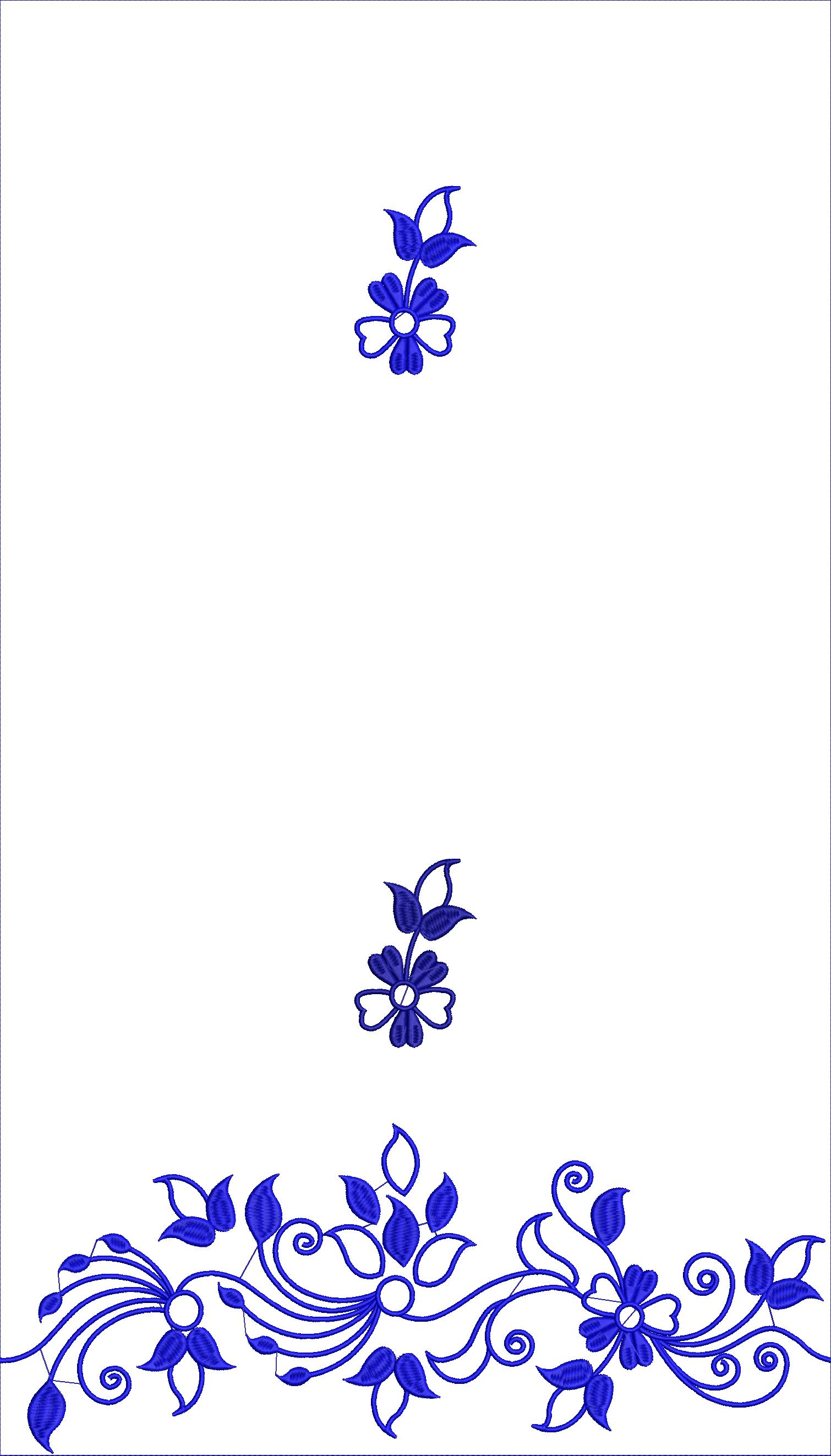 Embroidery design: A blue embroidery design featuring a repeating floral and vine border pattern with leaves and flowers.