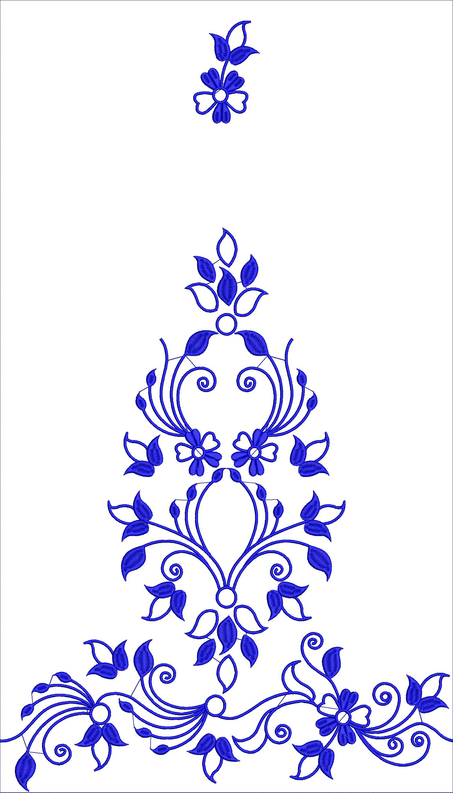 Embroidery design: A blue embroidery design featuring a symmetrical floral and vine motif, suitable as a border or decorative trim.