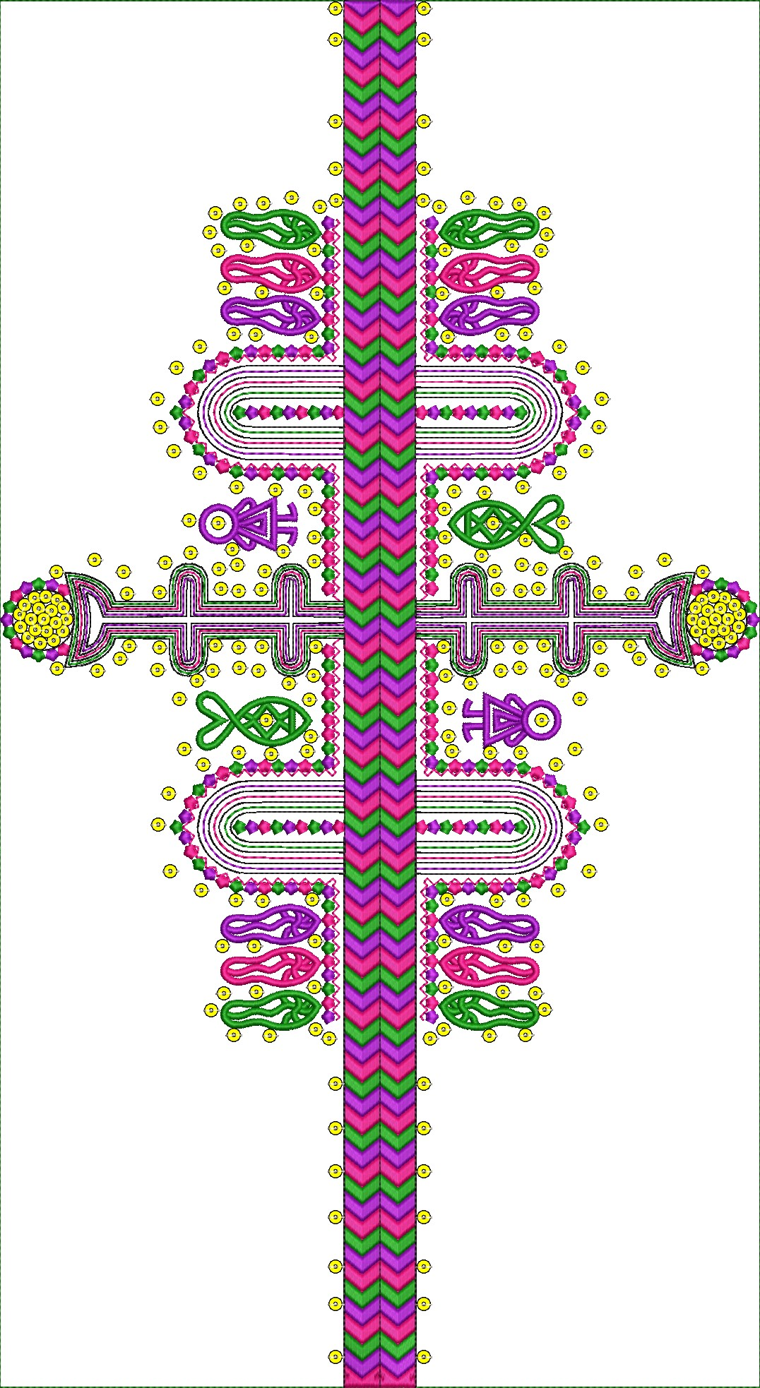 Embroidery design: A decorative embroidery design with a central chevron stripe in pink and green, flanked by symmetrical arrangements of p
