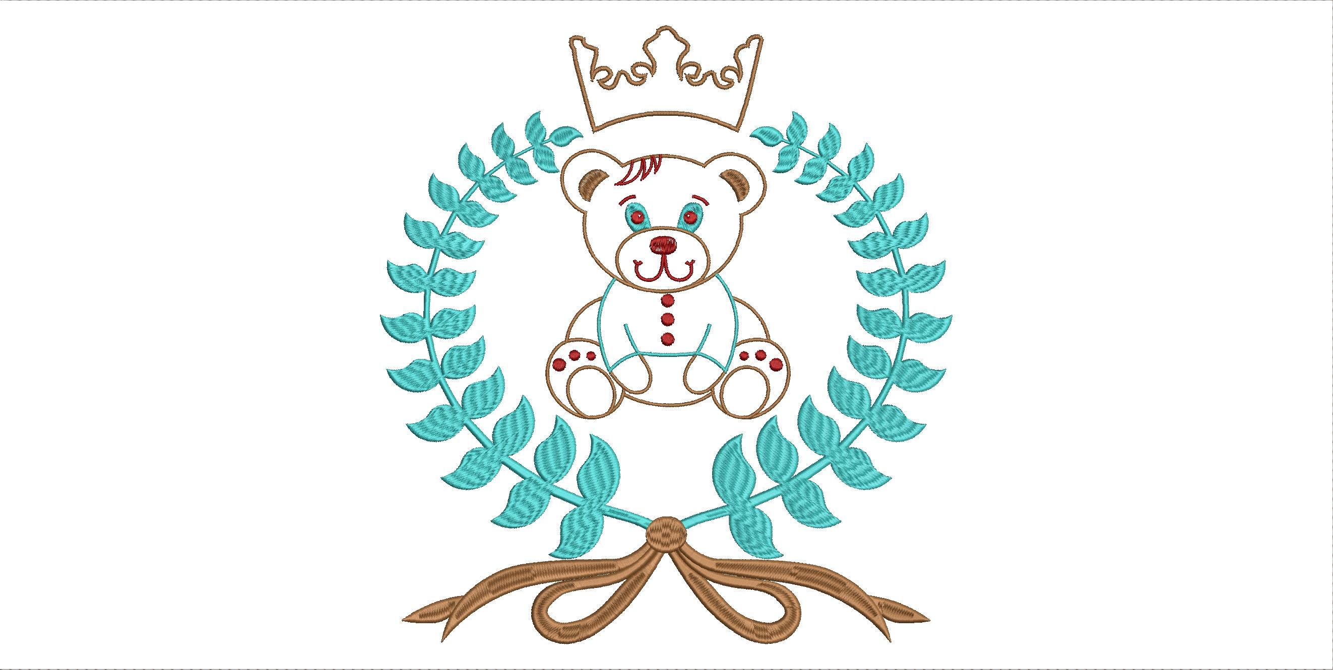 Embroidery design: An embroidery design of a teddy bear wearing a crown, encircled by a teal laurel wreath and a brown ribbon.