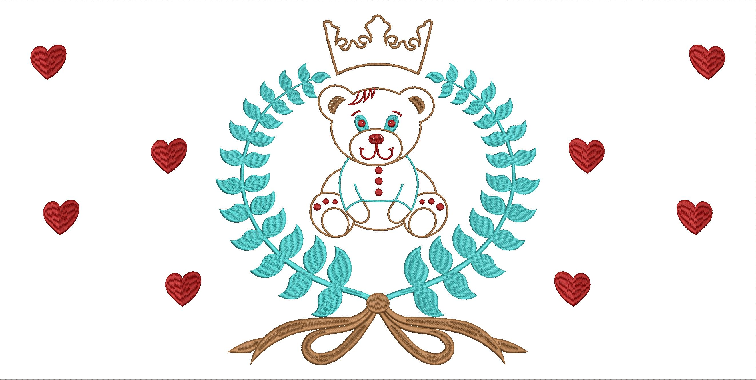 Embroidery design: An embroidery design featuring a teddy bear wearing a crown, surrounded by a cyan laurel wreath with a brown ribbon tie.