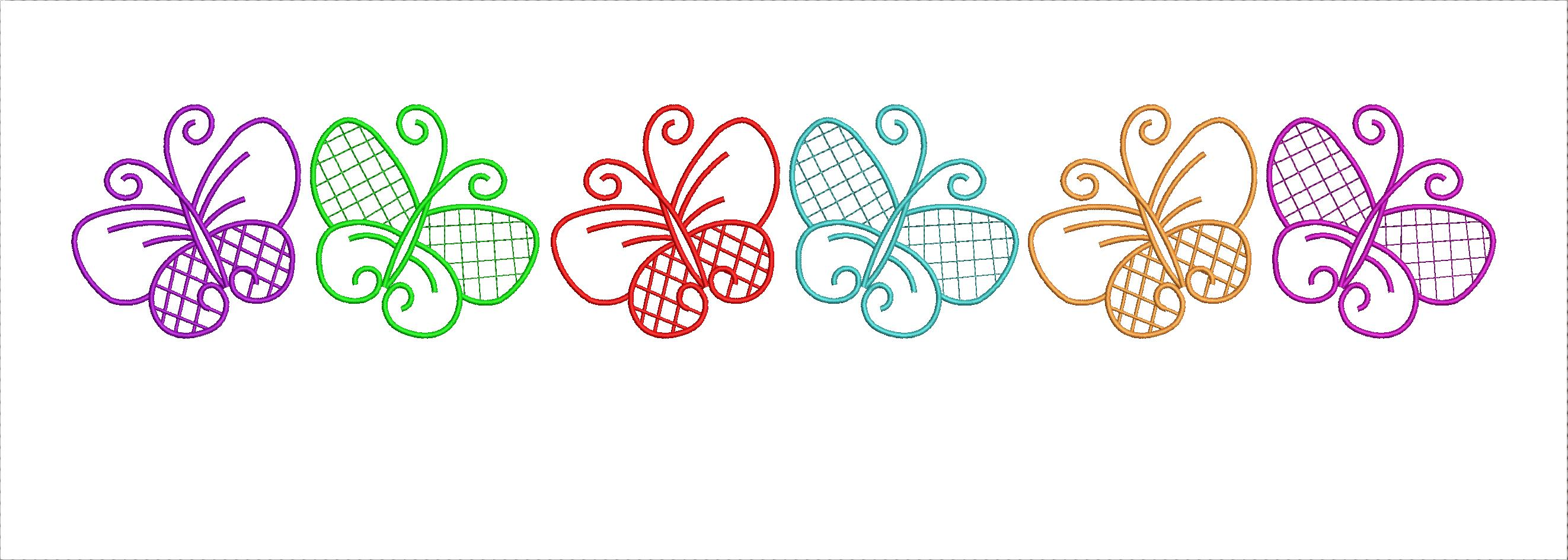 Embroidery design: A decorative border embroidery design featuring a repeating pattern of stylized butterflies in various colors, with each