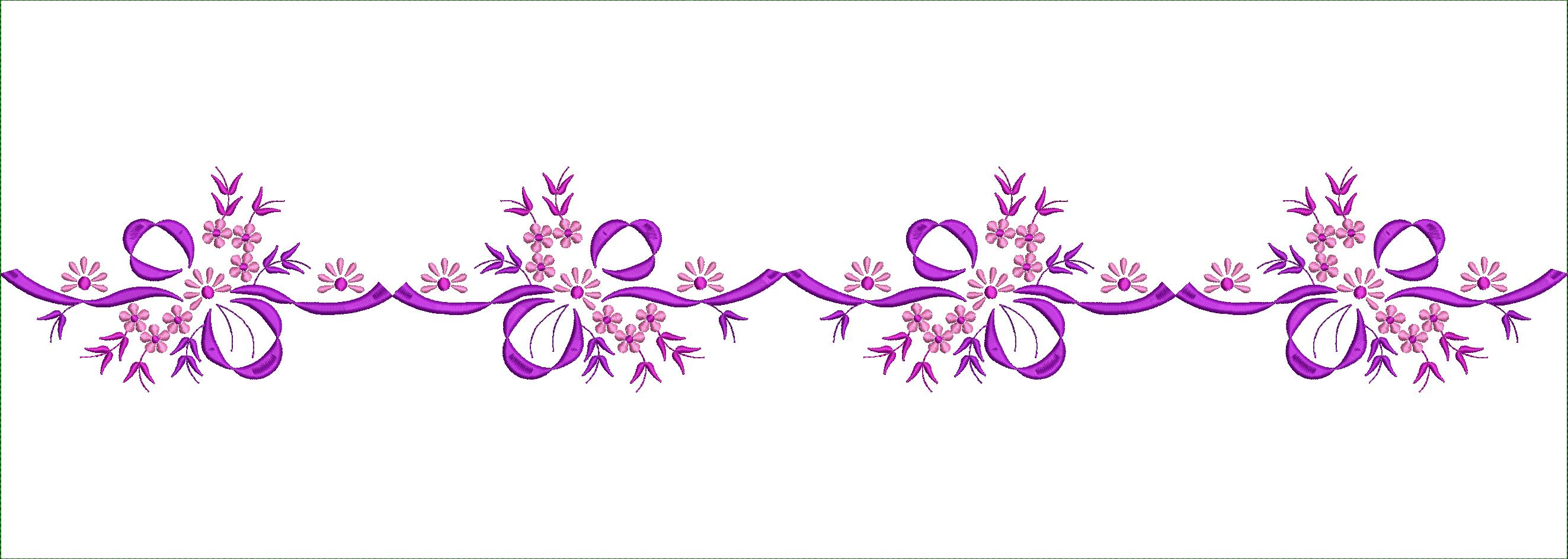 Embroidery design: A repeating horizontal border embroidery design with purple ribbons, pink and light pink flowers, and green leaves, arra