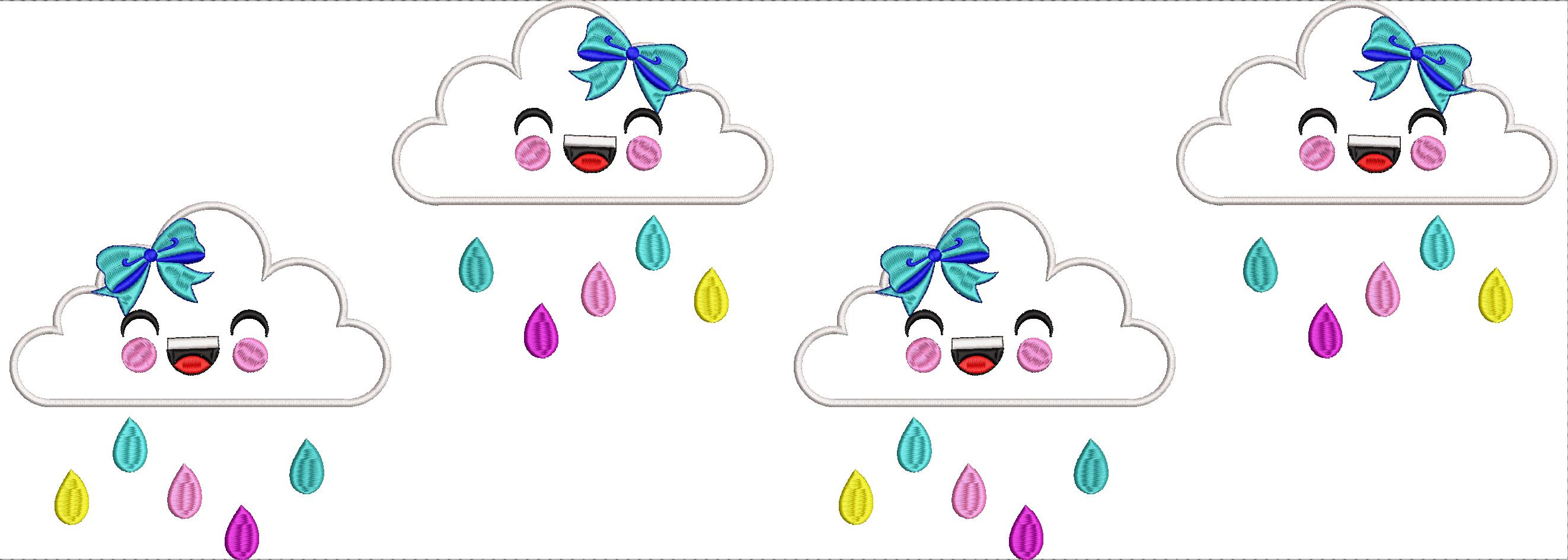 Embroidery design: A repeating embroidery design of four cute, smiling clouds with blue bows, each raining colorful teardrops in turquoise,