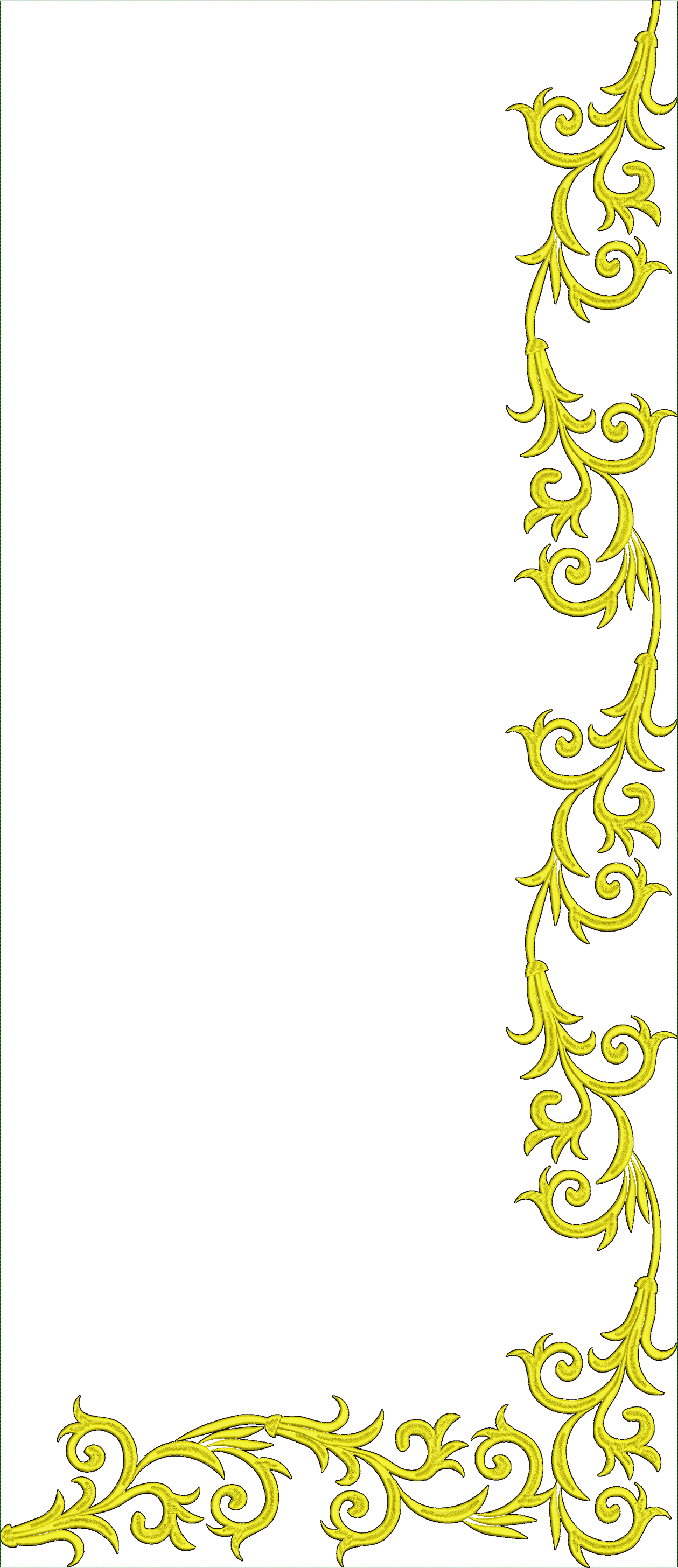 Embroidery design: A decorative golden border with scrolling vine and leaf motifs on a white background.