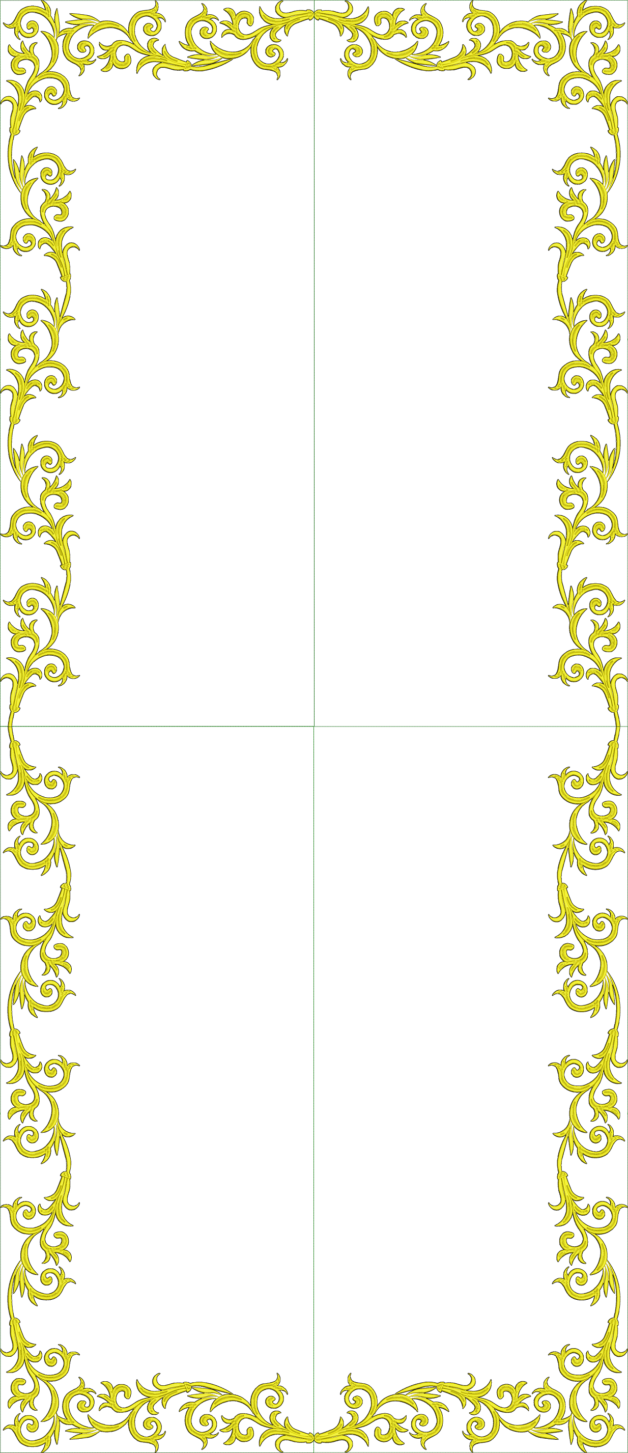 Embroidery design: A decorative golden border design featuring symmetrical scrollwork and vine motifs, suitable for framing or as a corner 