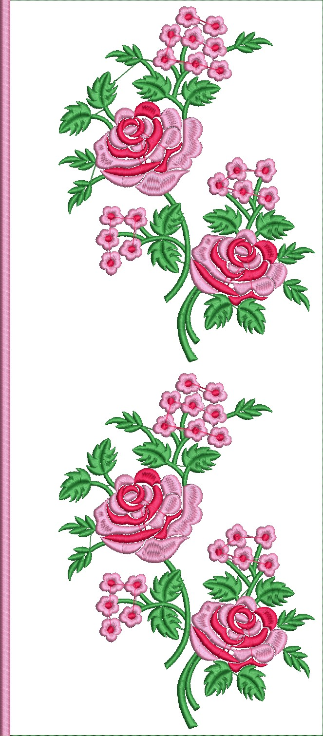 Embroidery design: A vertical embroidery design featuring arrangements of pink roses and small pink blossoms with green leaves and stems, s