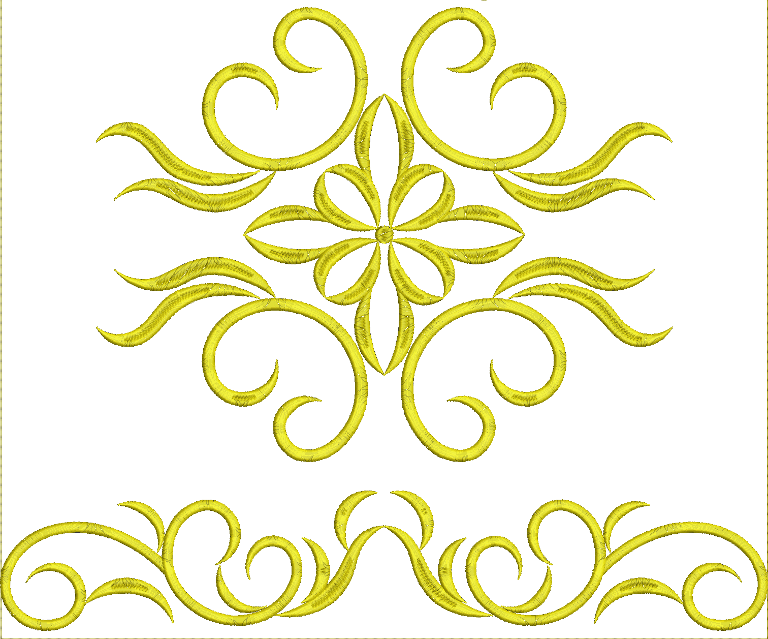 Embroidery design: A symmetrical golden embroidery design featuring ornamental scrollwork at the top and a decorative border at the bottom.