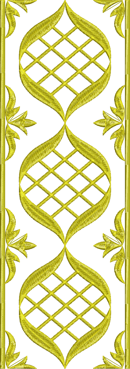 Embroidery design: A symmetrical, repeating ornamental border design with a central lattice structure and flanking scrollwork and leaf moti