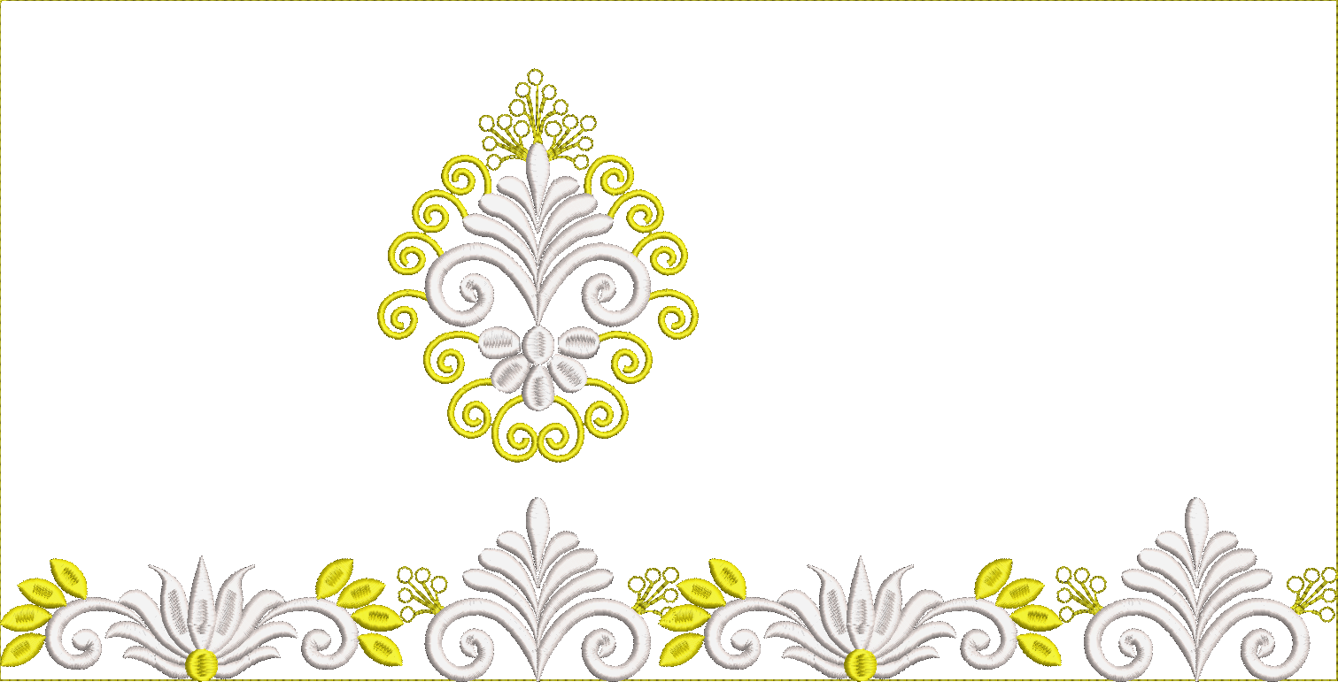 Embroidery design: An ornamental embroidery design featuring a white and yellow floral border with symmetrical scrollwork and leaf motifs. 