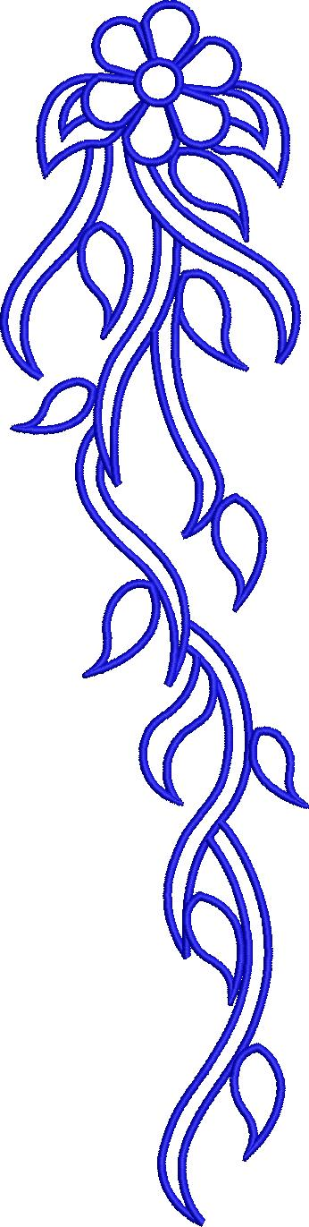 Embroidery design: An embroidery design of a blue flower with swirling vines and leaves.