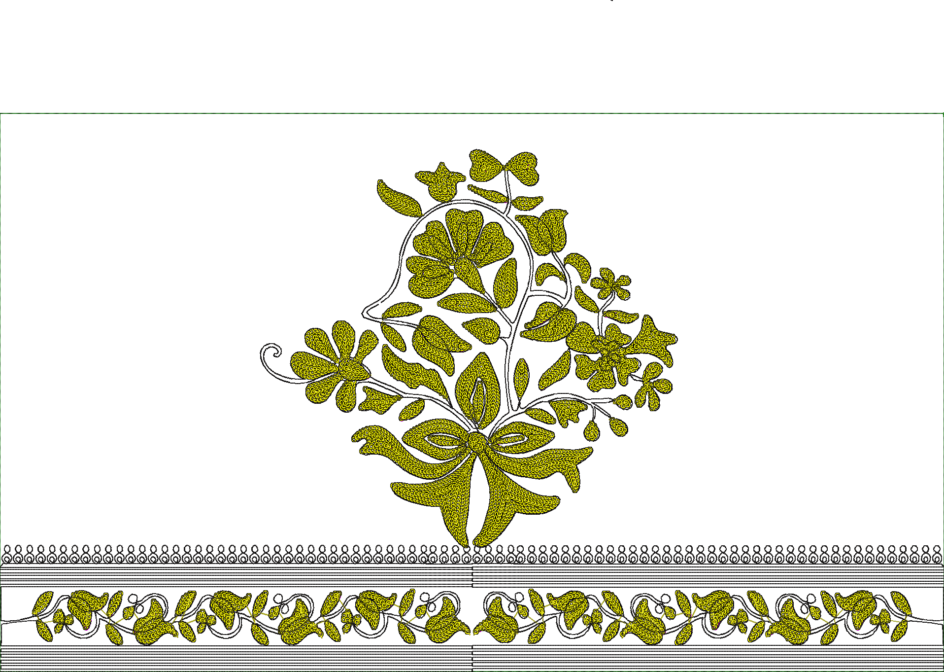 Embroidery design: An embroidery design featuring a bouquet of yellowish-green flowers, leaves, and a bow, with a coordinating vine and lea