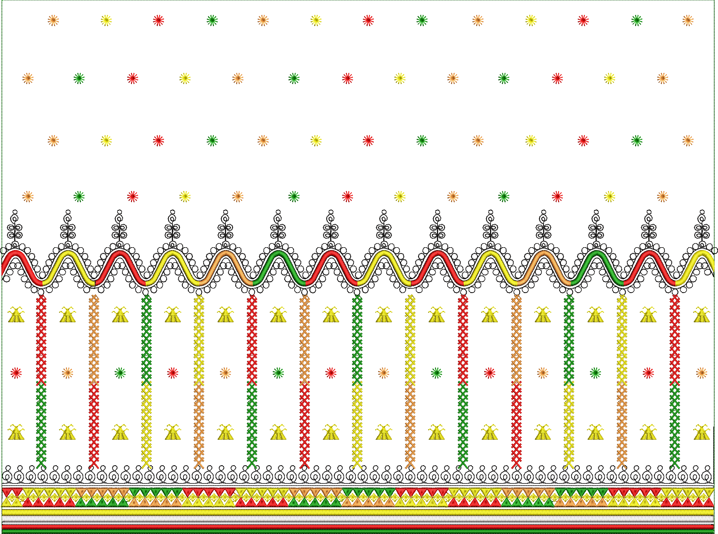 Embroidery design: A decorative embroidery border design featuring a central wavy pattern in red, yellow, green, and orange, with vertical 