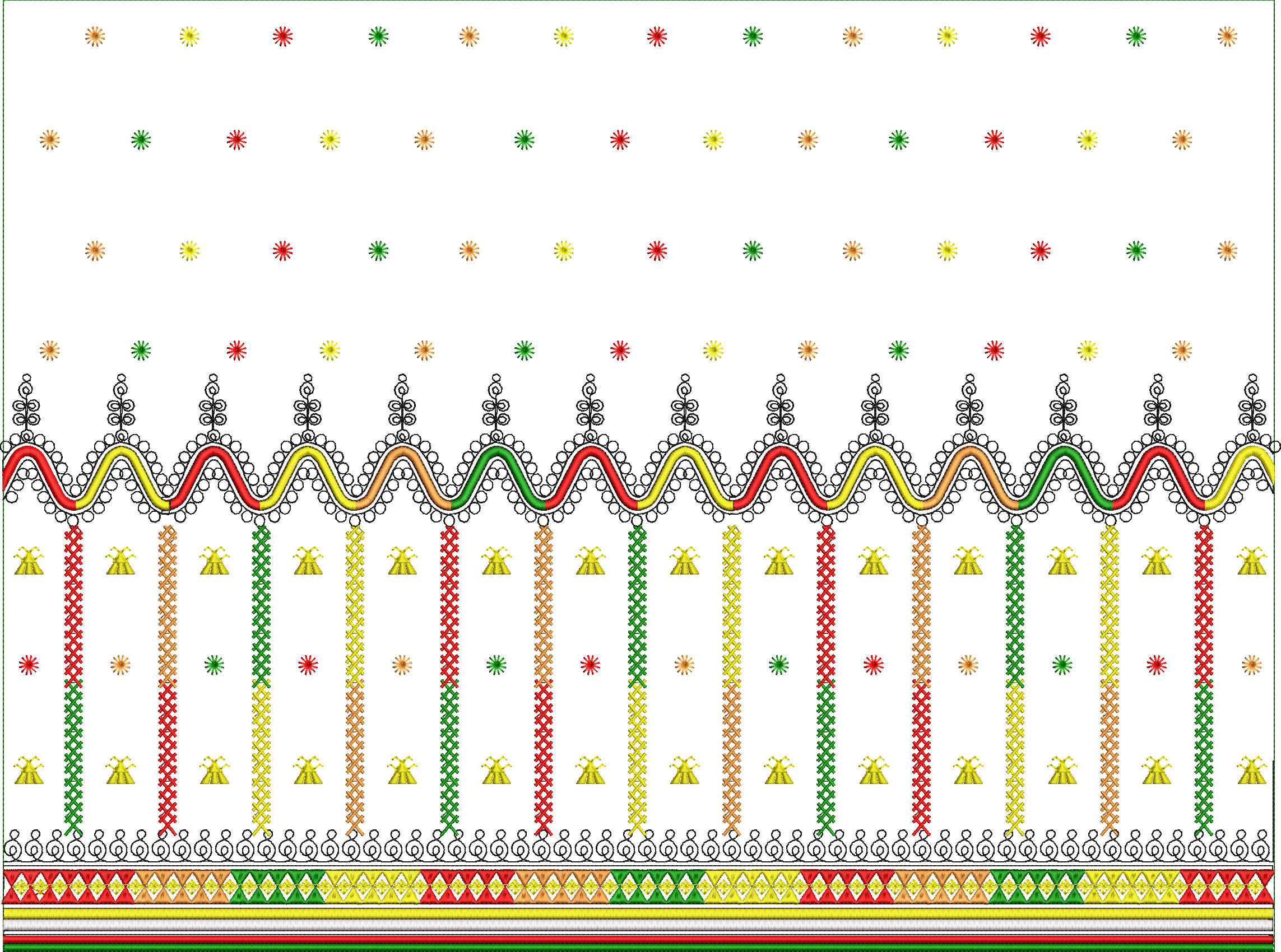 Embroidery design: A decorative border embroidery design featuring a wavy central band, vertical striped panels, and a geometric base. It i