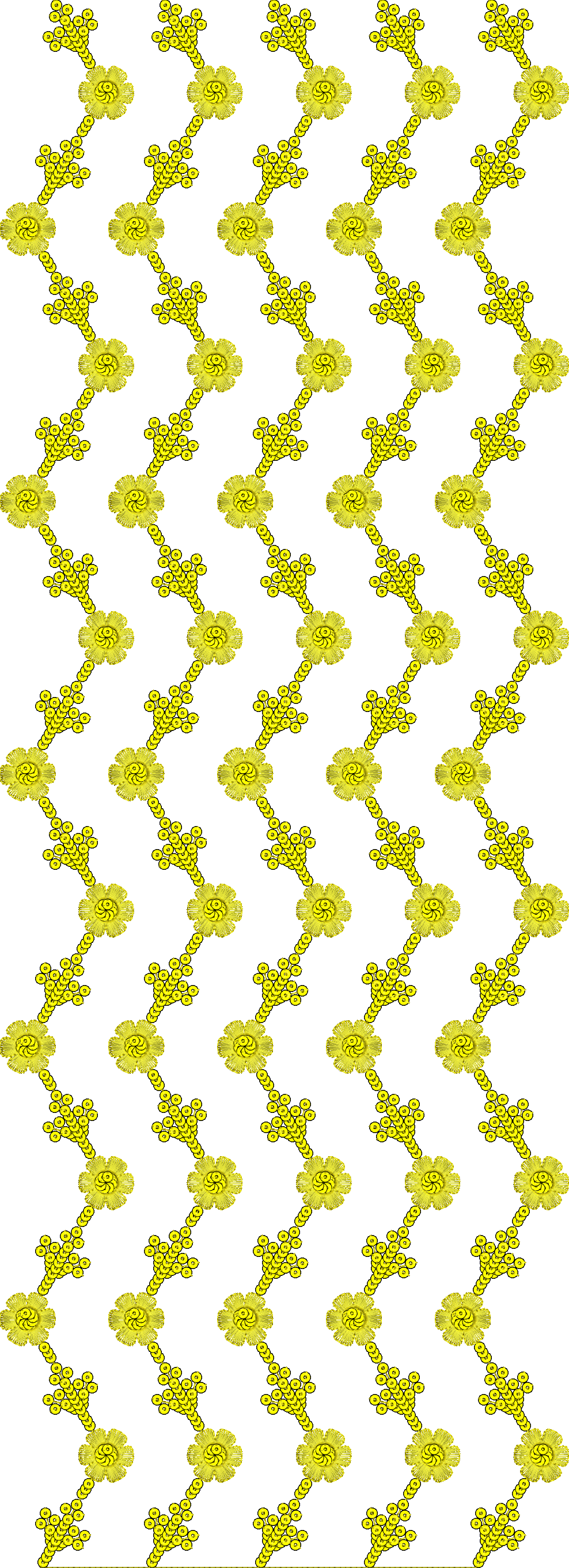 Embroidery design: A repeating all-over embroidery design featuring a yellow ornamental floral and vine motif with symmetrical scrollwork e