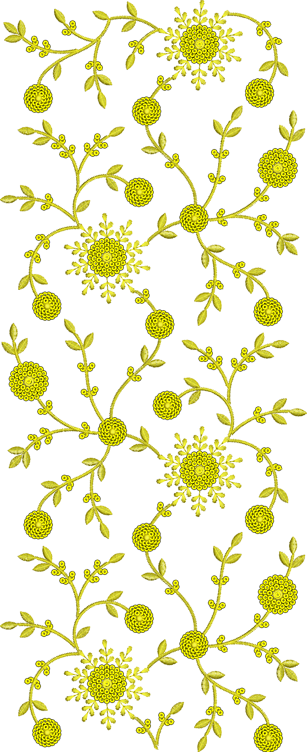 Embroidery design: A repeating all-over embroidery design featuring yellow floral and vine motifs with symmetrical elements and dense roset