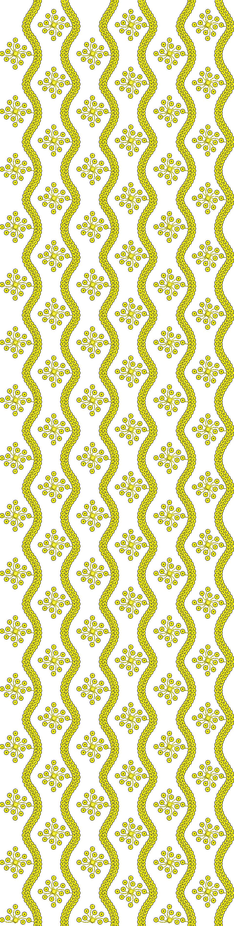 Embroidery design: A repeating decorative pattern of yellow and gold wavy lines with circular motifs resembling dots.