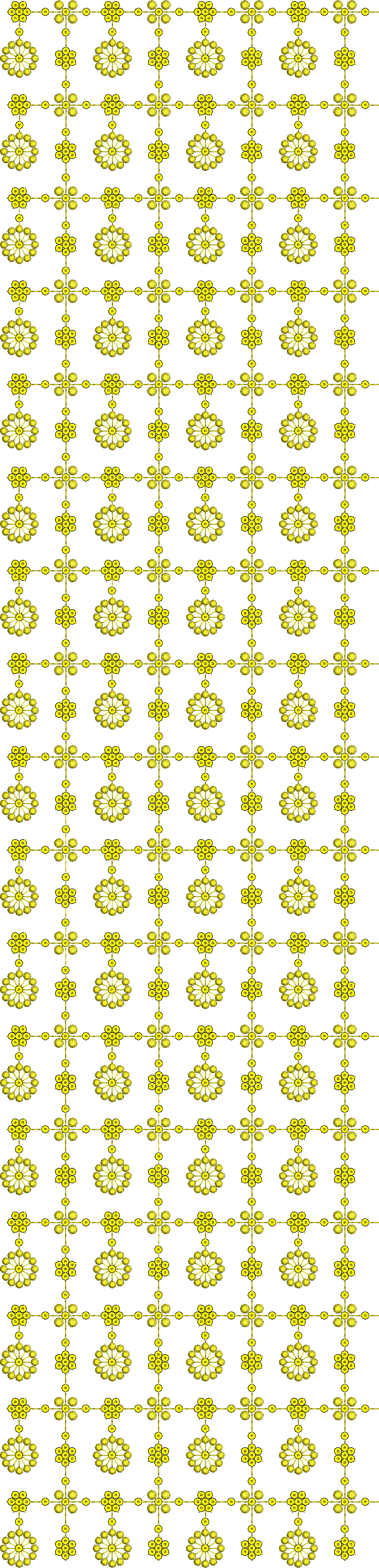 Embroidery design: A seamless embroidery pattern featuring repeating yellow floral and geometric motifs outlined in gold against a white ba