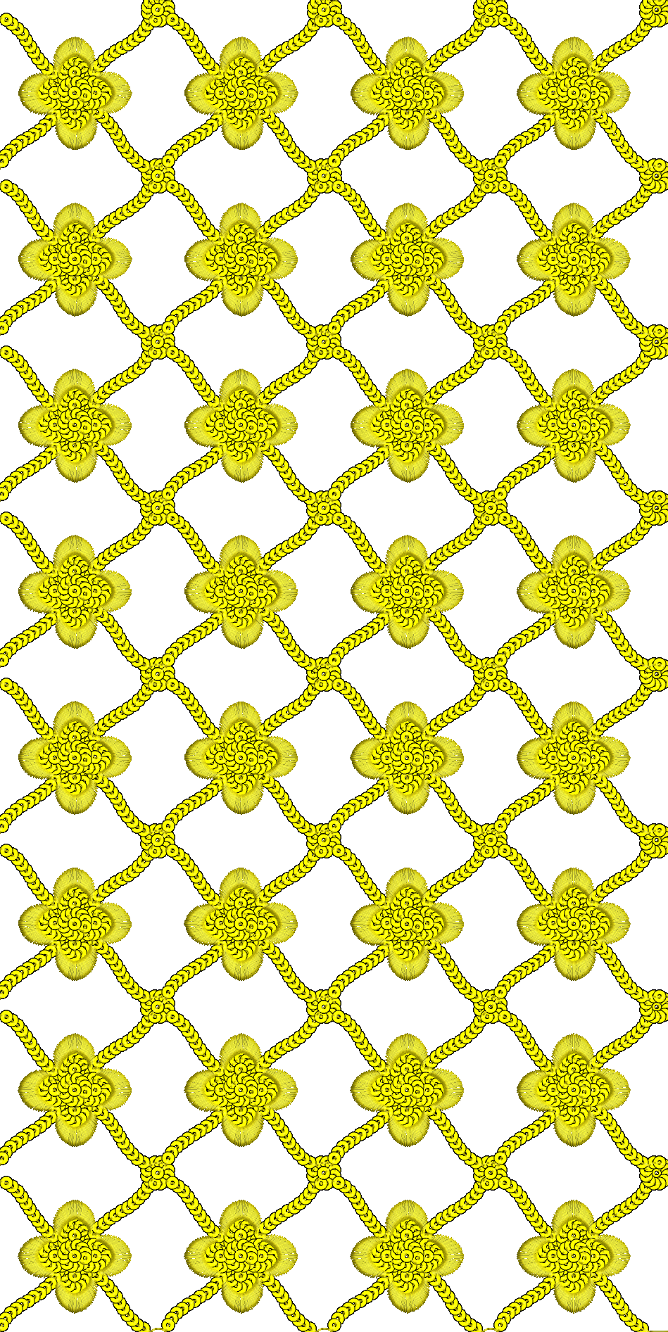Embroidery design: A repeating all-over embroidery design with a yellow lattice pattern. Each intersection of the lattice features a dense,