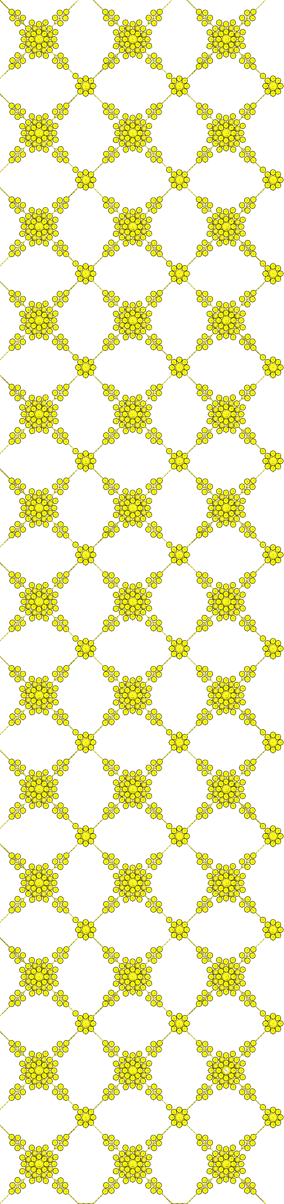Embroidery design: A repeating all-over embroidery pattern of yellow, flower-like motifs arranged in a diamond grid, connected by thin yell