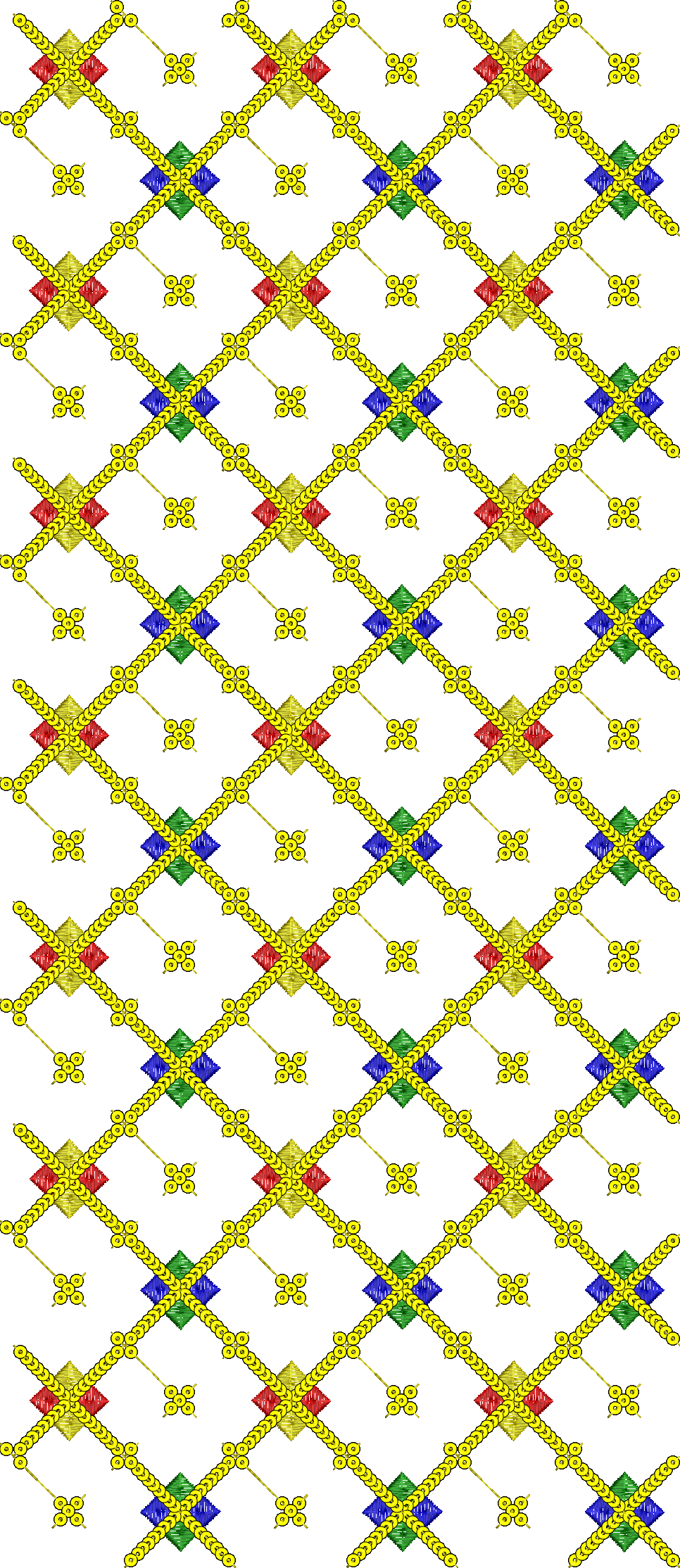 Embroidery design: A repeating, all-over embroidery design featuring a yellow lattice with red, yellow, green, and blue diamond motifs and 