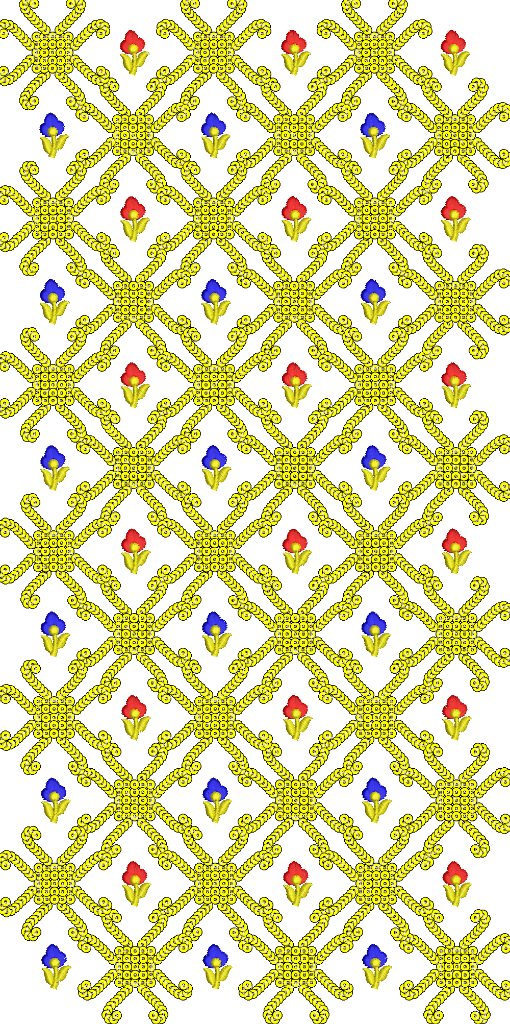 Embroidery design: A repeating, all-over embroidery design featuring a yellow lattice pattern with small red and blue flowers scattered thr