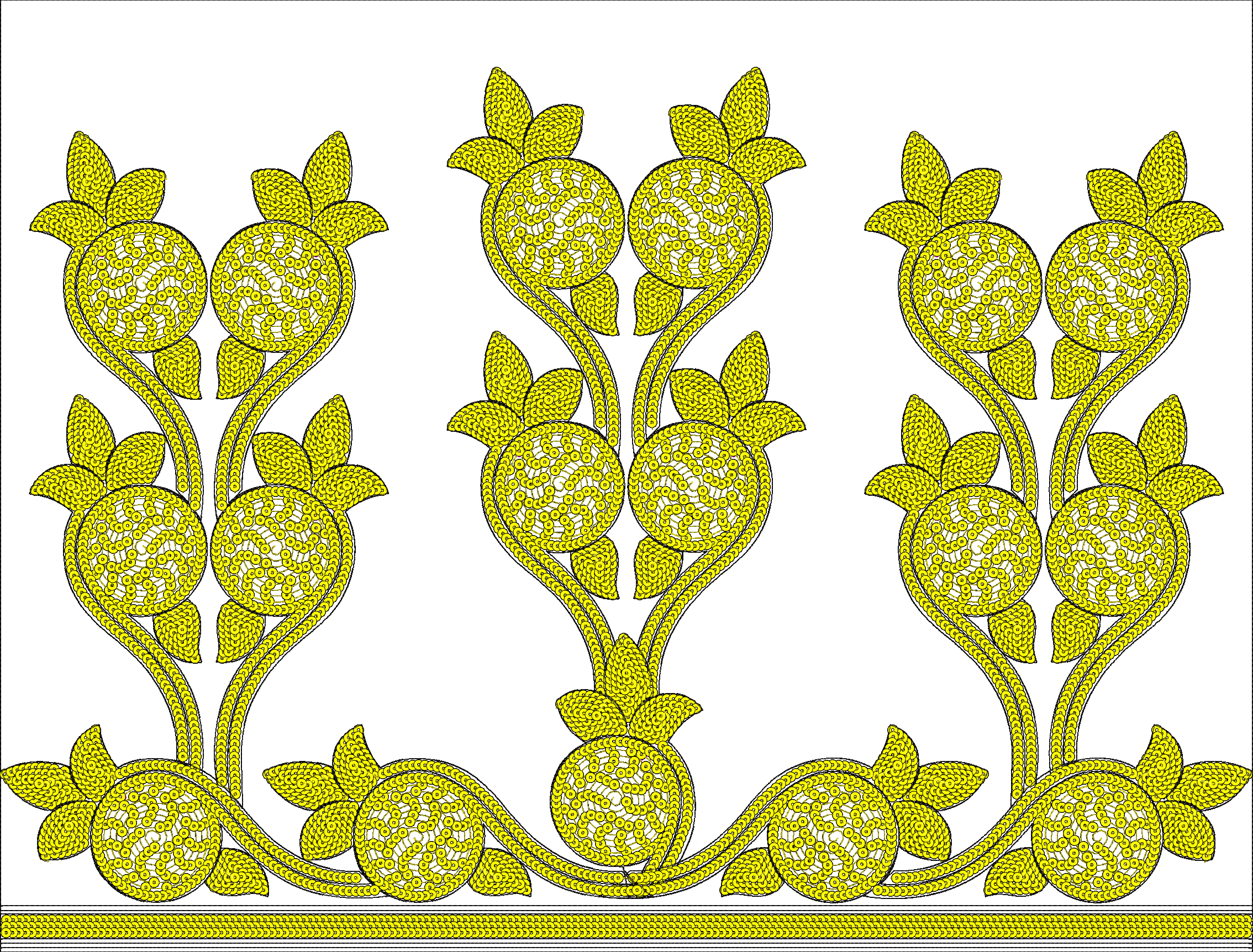 Embroidery design: A decorative yellow and white embroidery border with repeating floral and vine motifs in a symmetrical, ornamental style