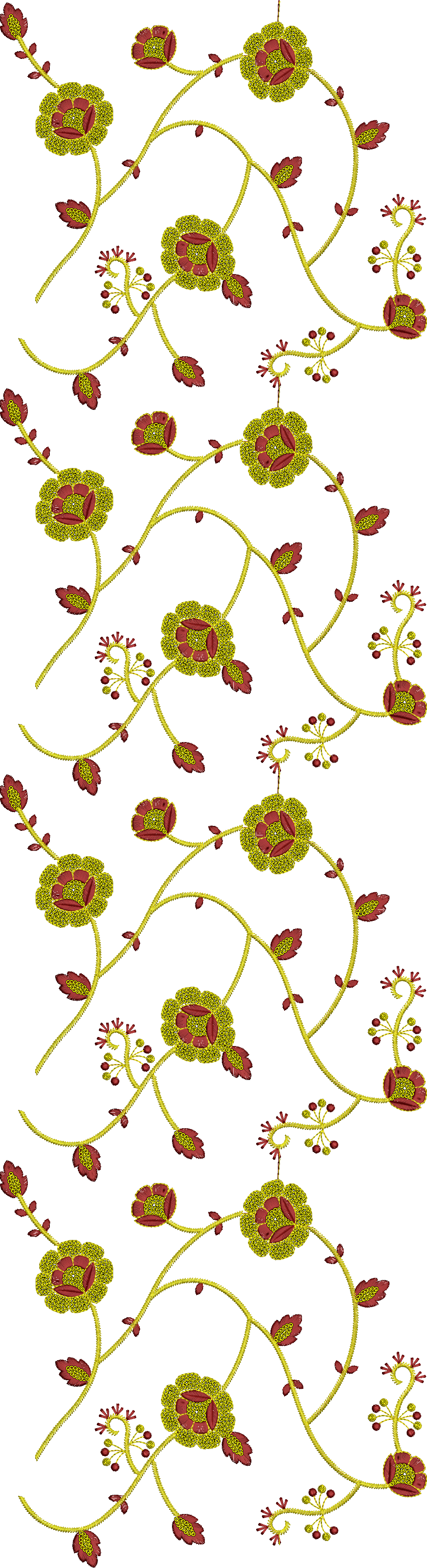 Embroidery design: An embroidery design featuring a repeating pattern of yellow and red floral elements intertwined with yellow vines and r