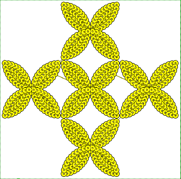 Embroidery design: A symmetrical, repeating embroidery pattern featuring dense yellow floral or star-like motifs with thin brown connecting