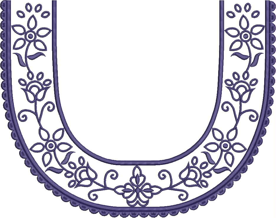 Embroidery design: A decorative U-shaped embroidery border design featuring purple floral and vine motifs with a scalloped edge, resembling