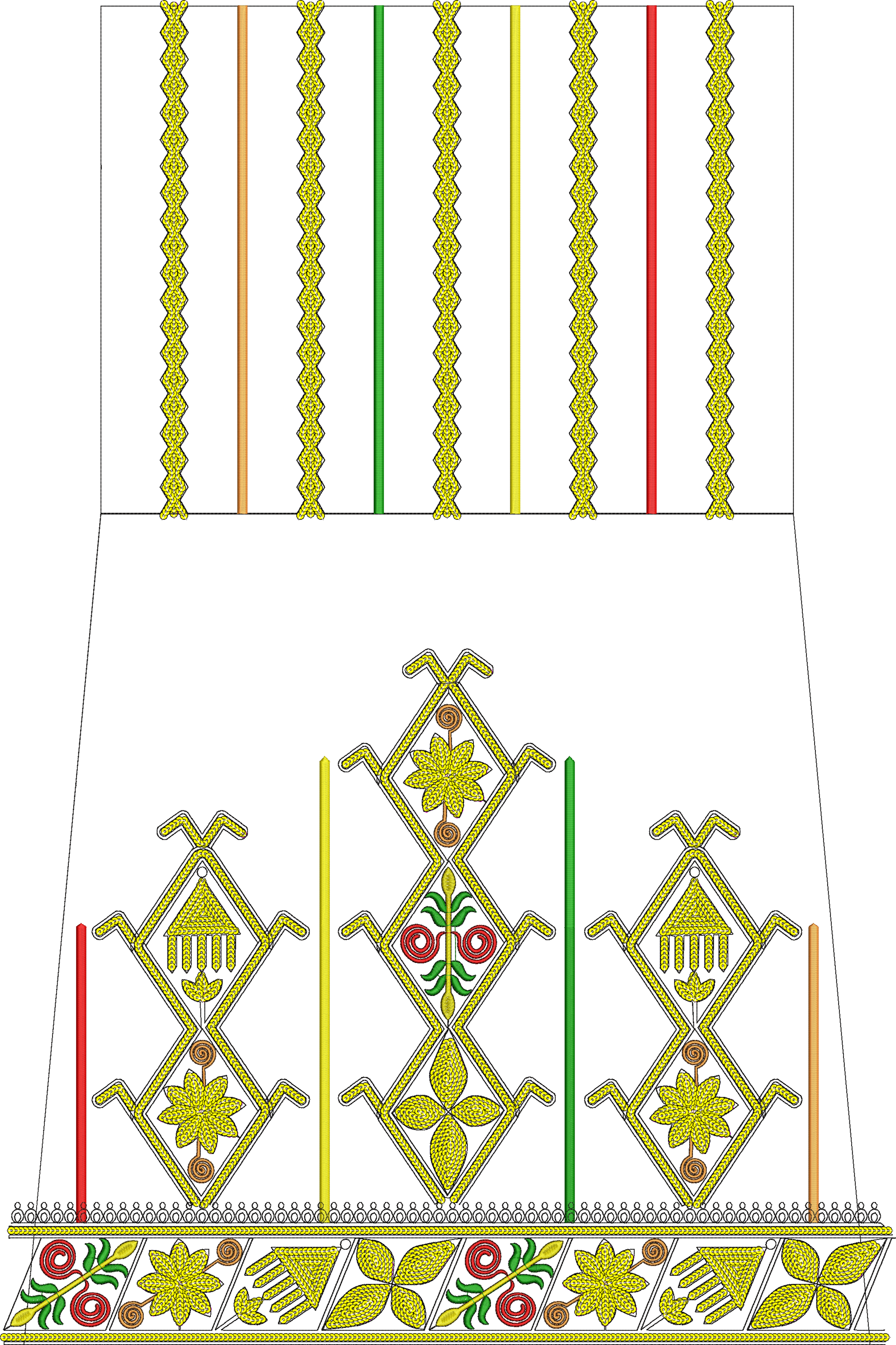 Embroidery design: An embroidery design featuring a decorative border with repeating chain-like and circular motifs. Above the border are s