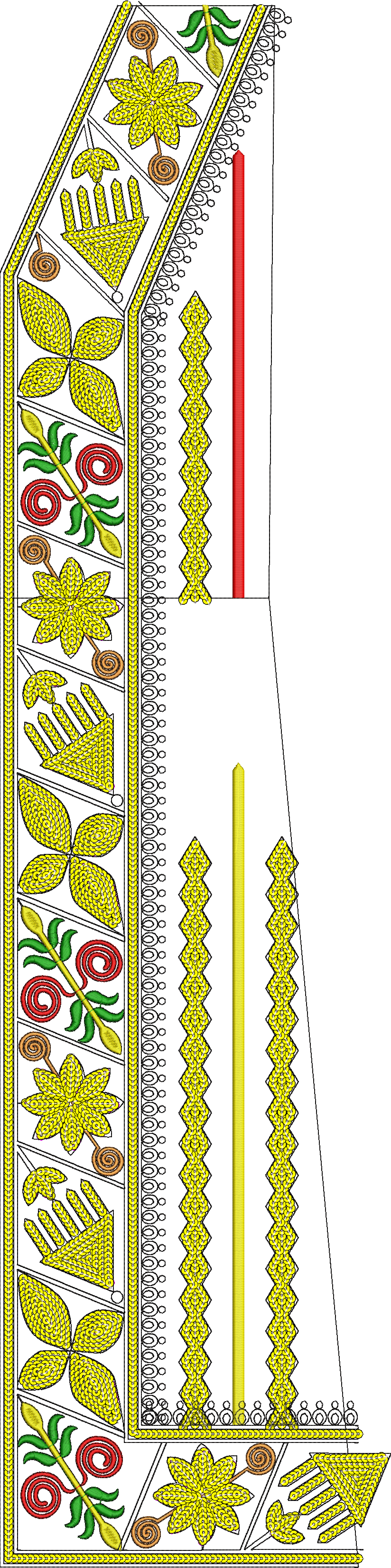 Embroidery design: An ornamental embroidery design featuring a decorative border with repeating yellow floral motifs, green foliage, red ac
