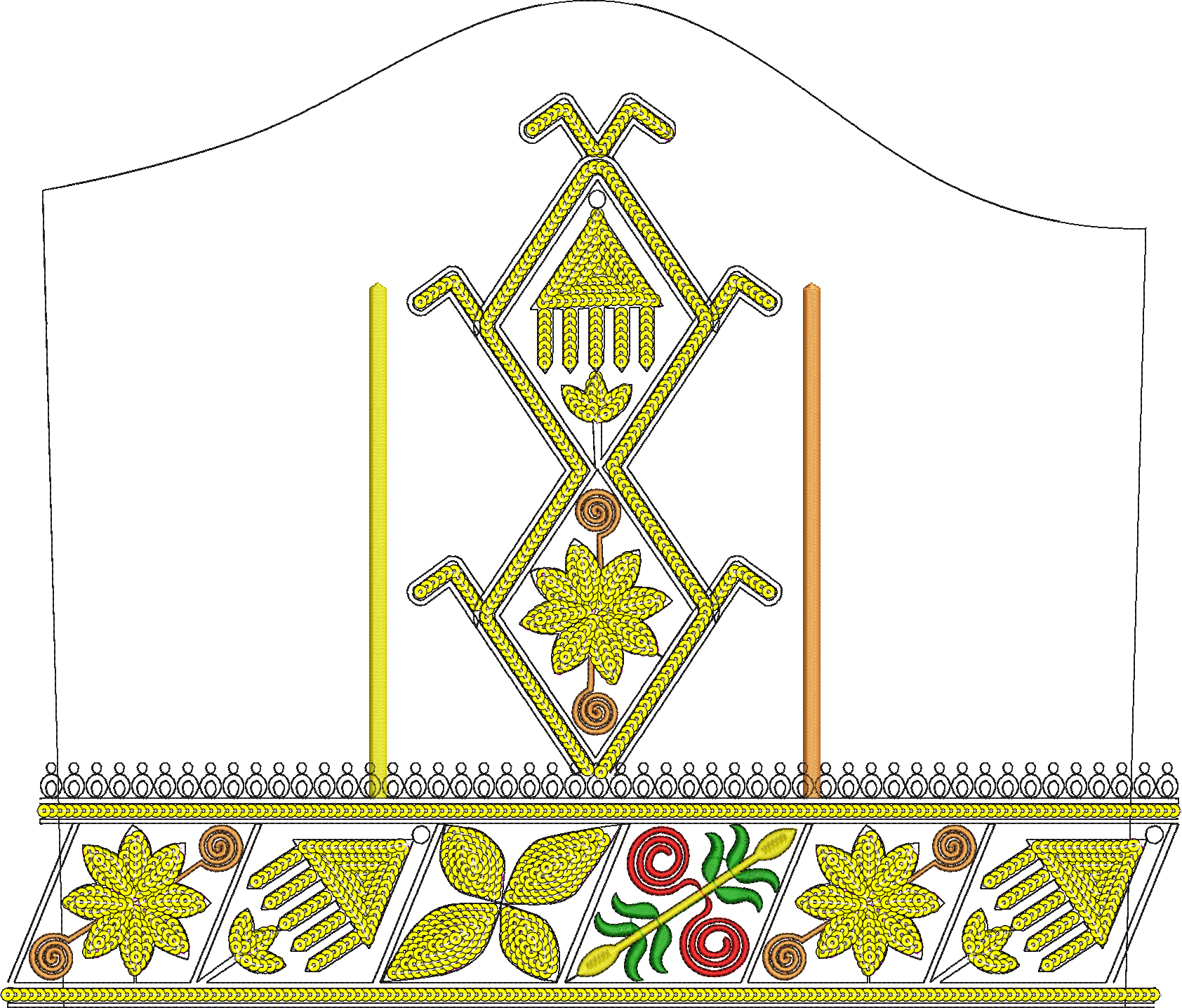 Embroidery design: An embroidery design with a central yellow diamond motif containing floral elements, flanked by yellow and brown vertica
