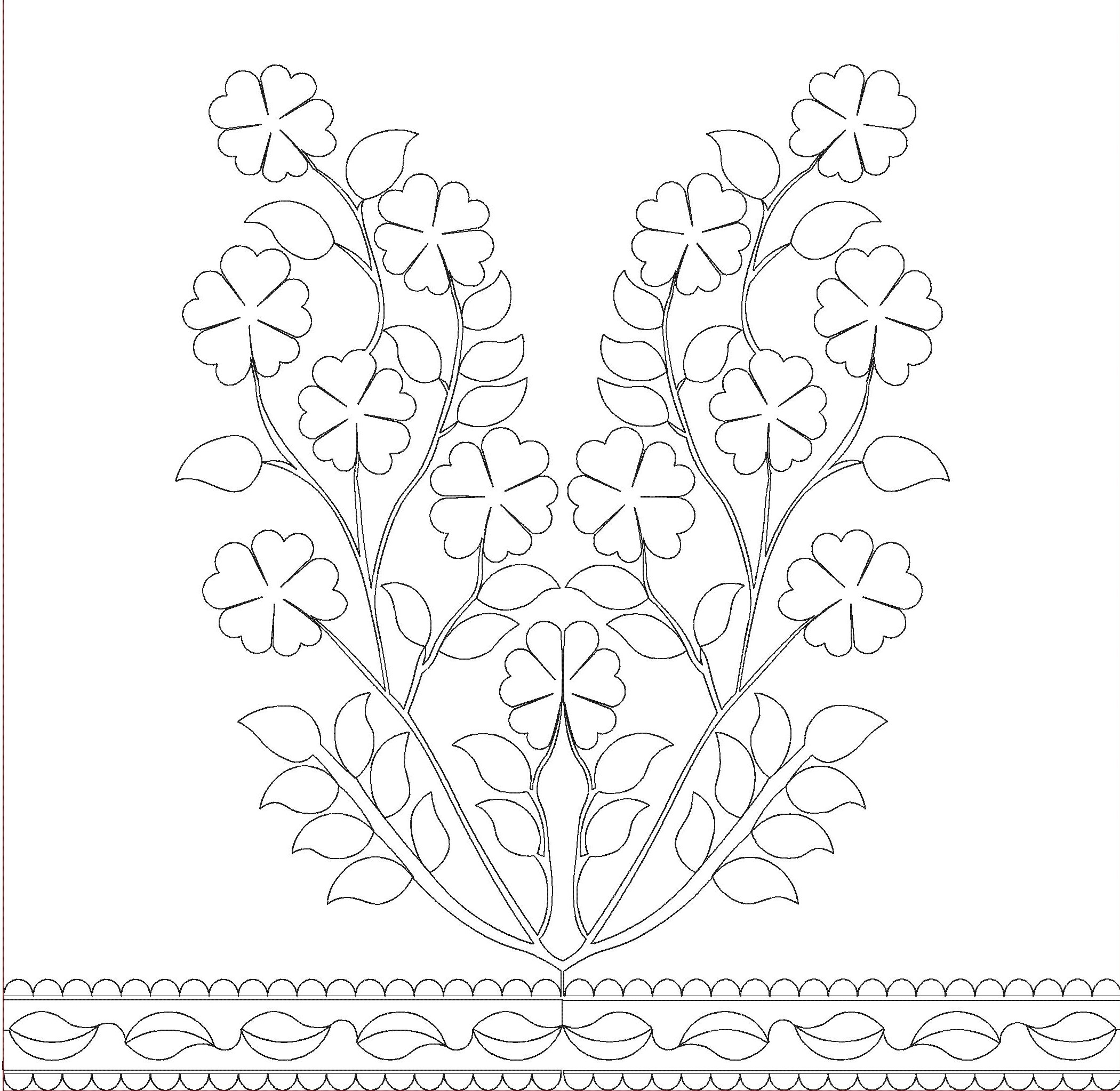 Embroidery design: A symmetrical, mirrored embroidery design featuring stylized five-petal flowers and leaves arranged on vines, with a dec