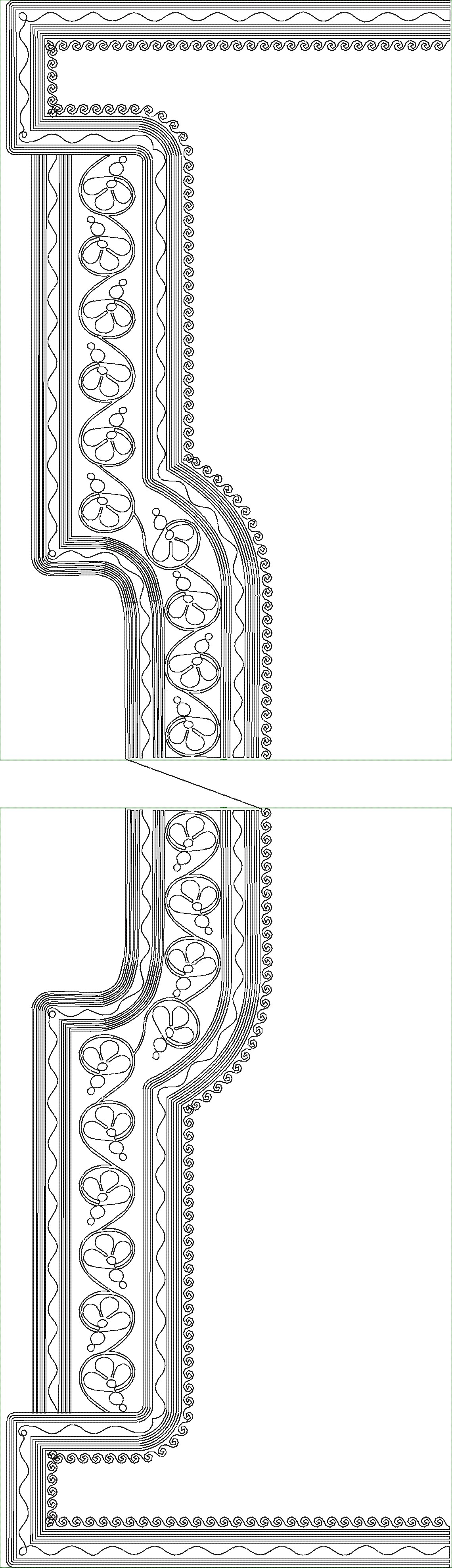 Embroidery design: An ornamental black and white embroidery design featuring a repeating, symmetrical border with floral and scrollwork ele