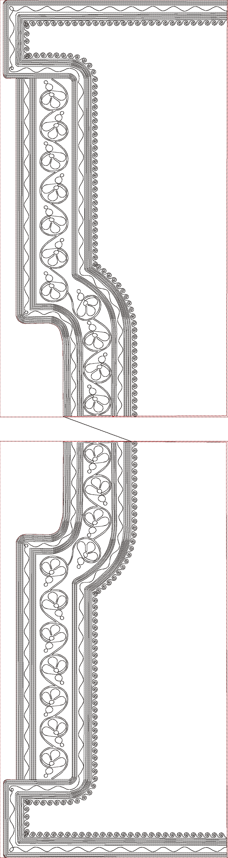 Embroidery design: A symmetrical ornamental border design with repeating scrollwork and floral motifs, rendered in black outline.