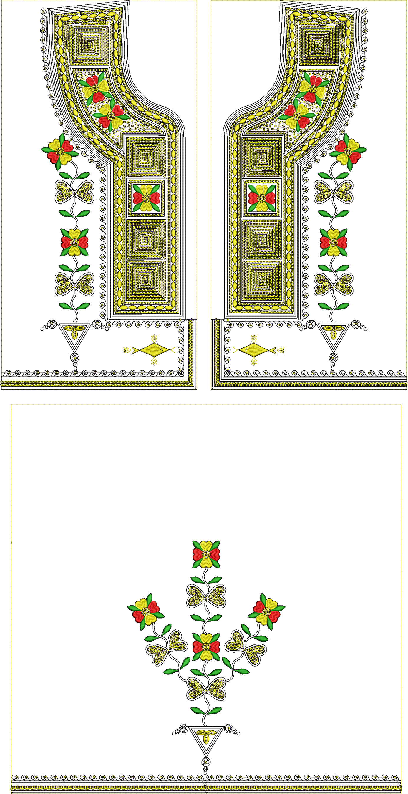 Embroidery design: An ornate embroidery design featuring a symmetrical arrangement of red and yellow flowers with green leaves, set against