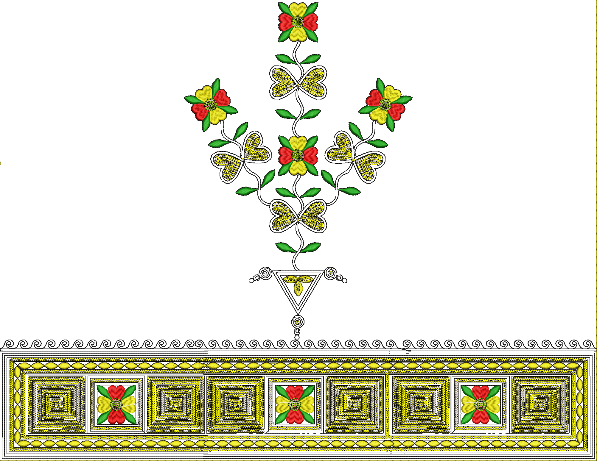Embroidery design: A symmetrical embroidery design featuring a central floral arrangement with red and yellow flowers and green leaves, top