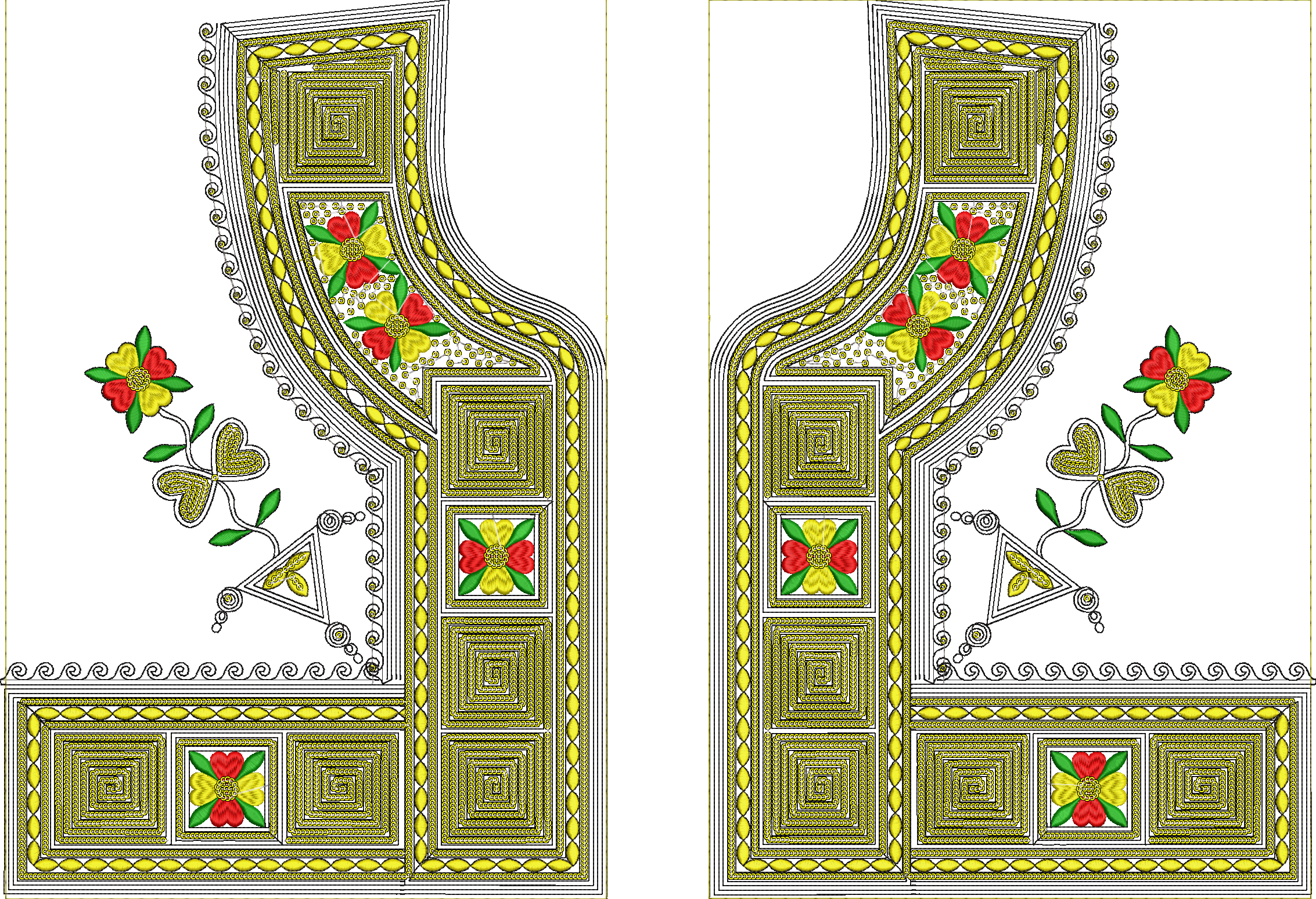Embroidery design: A decorative embroidery design for a neckline, featuring symmetrical geometric patterns, red and yellow flowers with gre