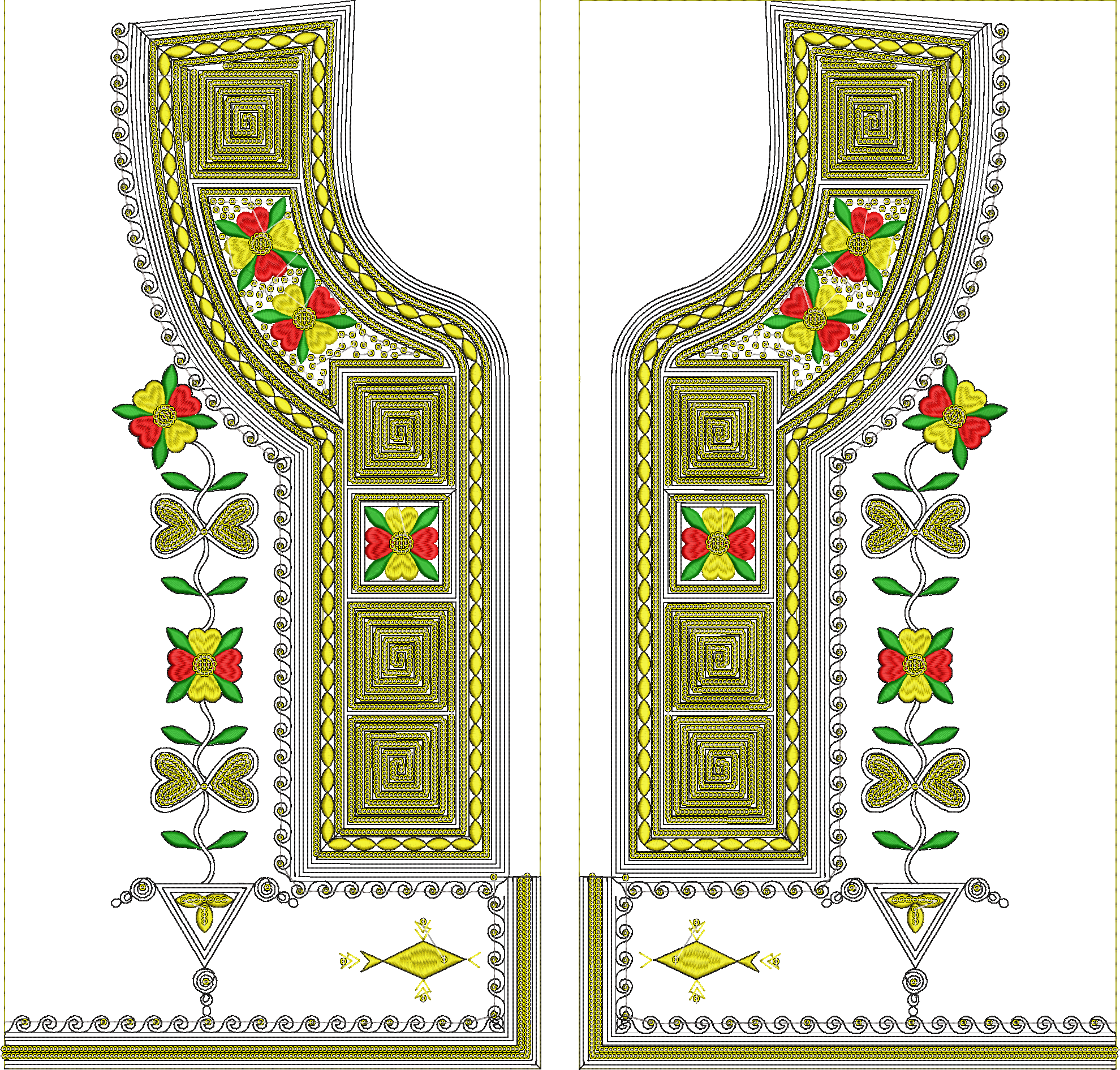 Embroidery design: An elaborate embroidery design for a neckline and upper chest panel, featuring symmetrical arrangements of golden geomet