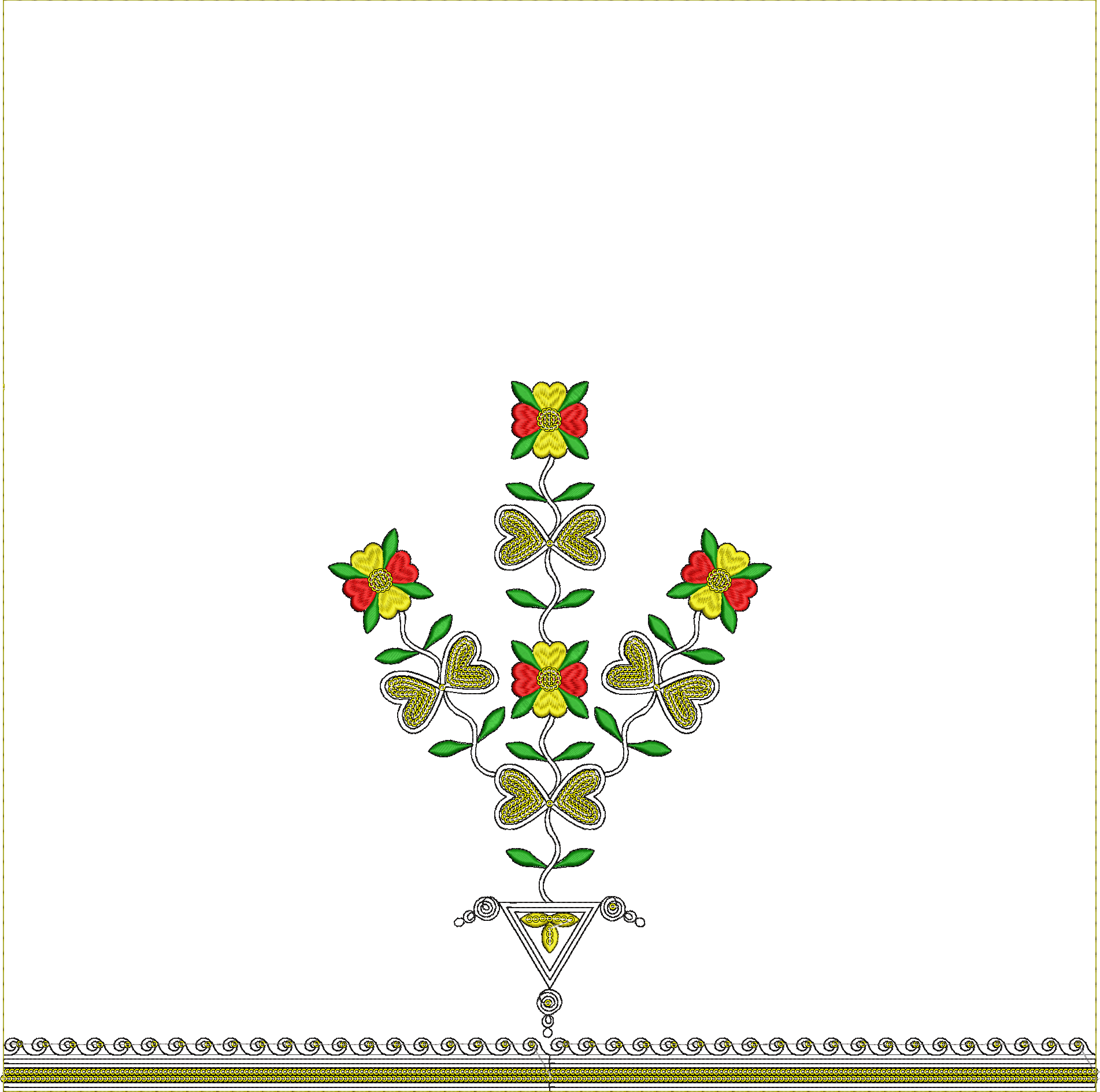 Embroidery design: A symmetrical embroidery design featuring red and yellow flowers, green leaves, stylized hearts, and vines, with a decor
