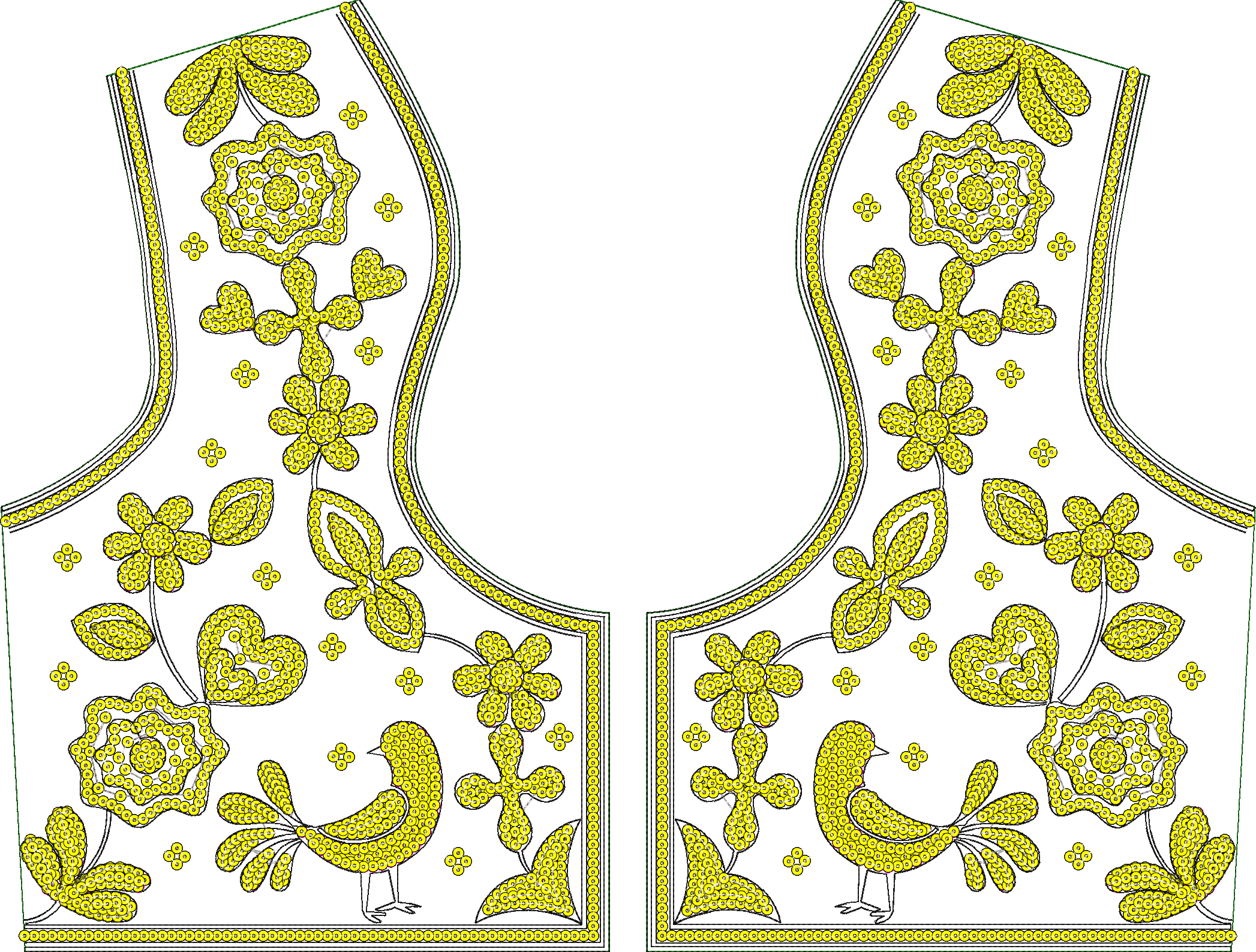 Embroidery design: A symmetrical embroidery design for a neckline panel featuring yellow birds, flowers, and leaves in a traditional, dense