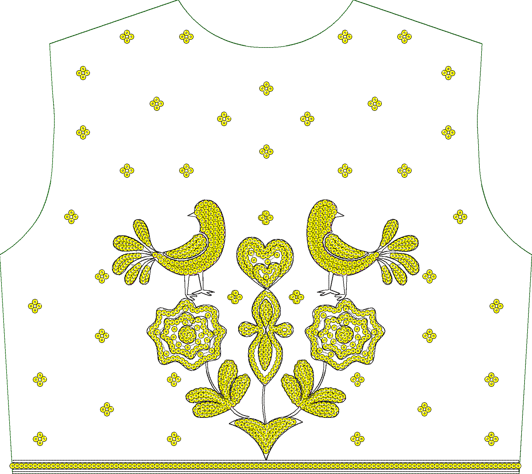 Embroidery design: A traditional embroidery design featuring two yellow birds, stylized yellow flowers, a yellow heart, and scattered yello